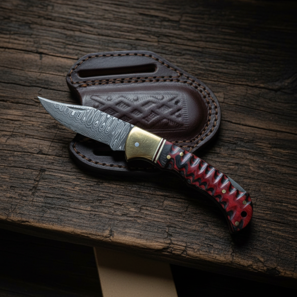Crimson Ridge Damascus Folding Knife - TF-087