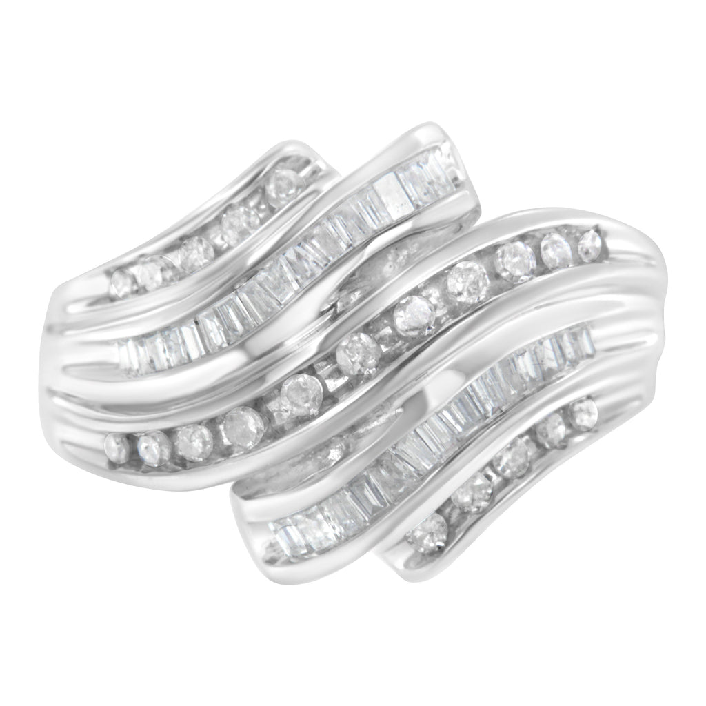 10K White Gold Round and Baguette Cut Diamond Channel Ring (3/4 Cttw, H-I Color, SI2-I1 Clarity) - Size 7