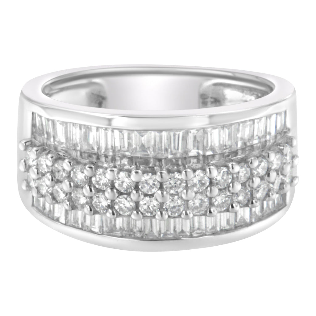 14K White Gold Round and Baguette Diamond Ring (1 1/2 Cttw, F-G Color, SI1-SI2 Clarity) - Size 6-3/4