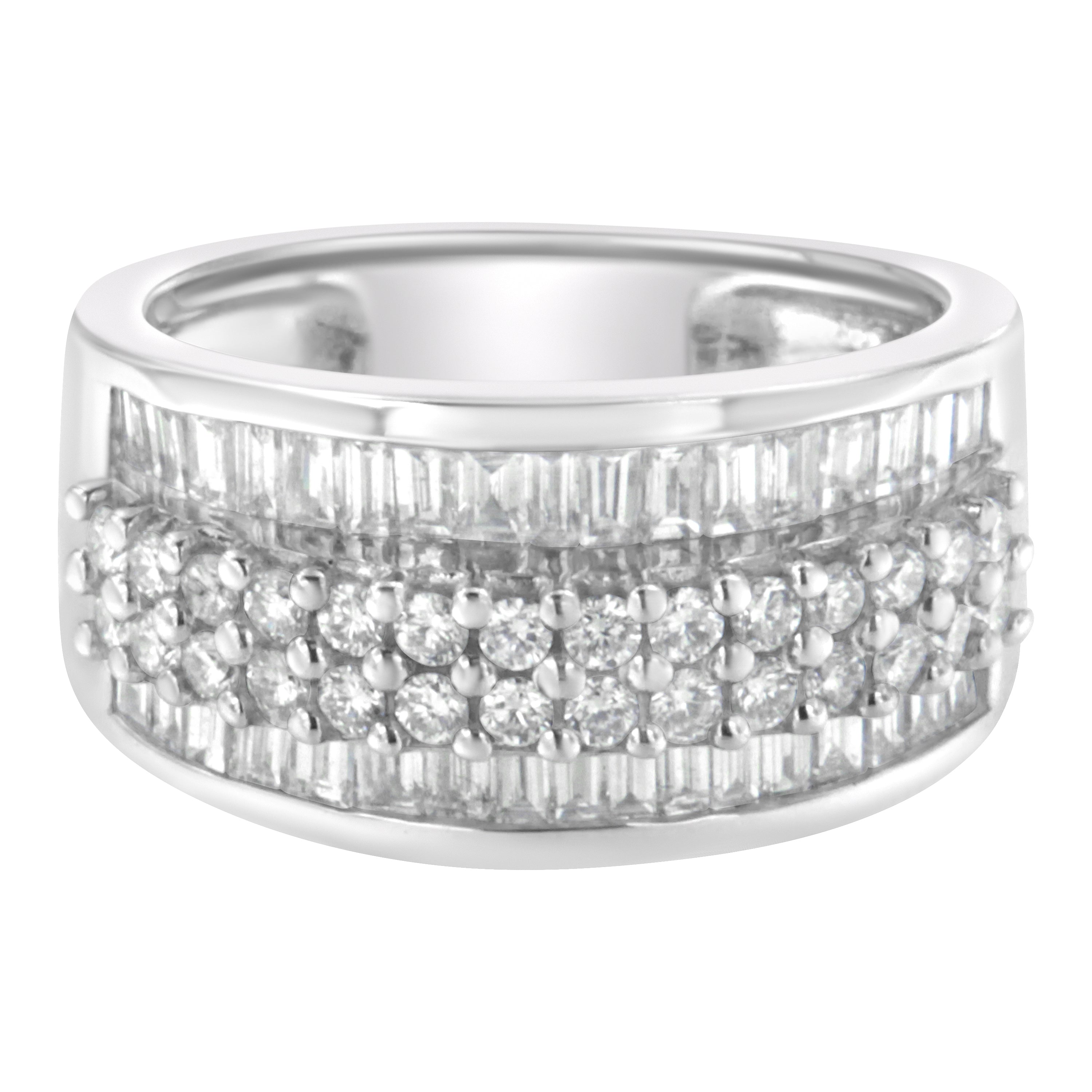 14K White Gold Round and Baguette Diamond Ring (1 1/2 Cttw, F-G Color, SI1-SI2 Clarity) - Size 6-3/4