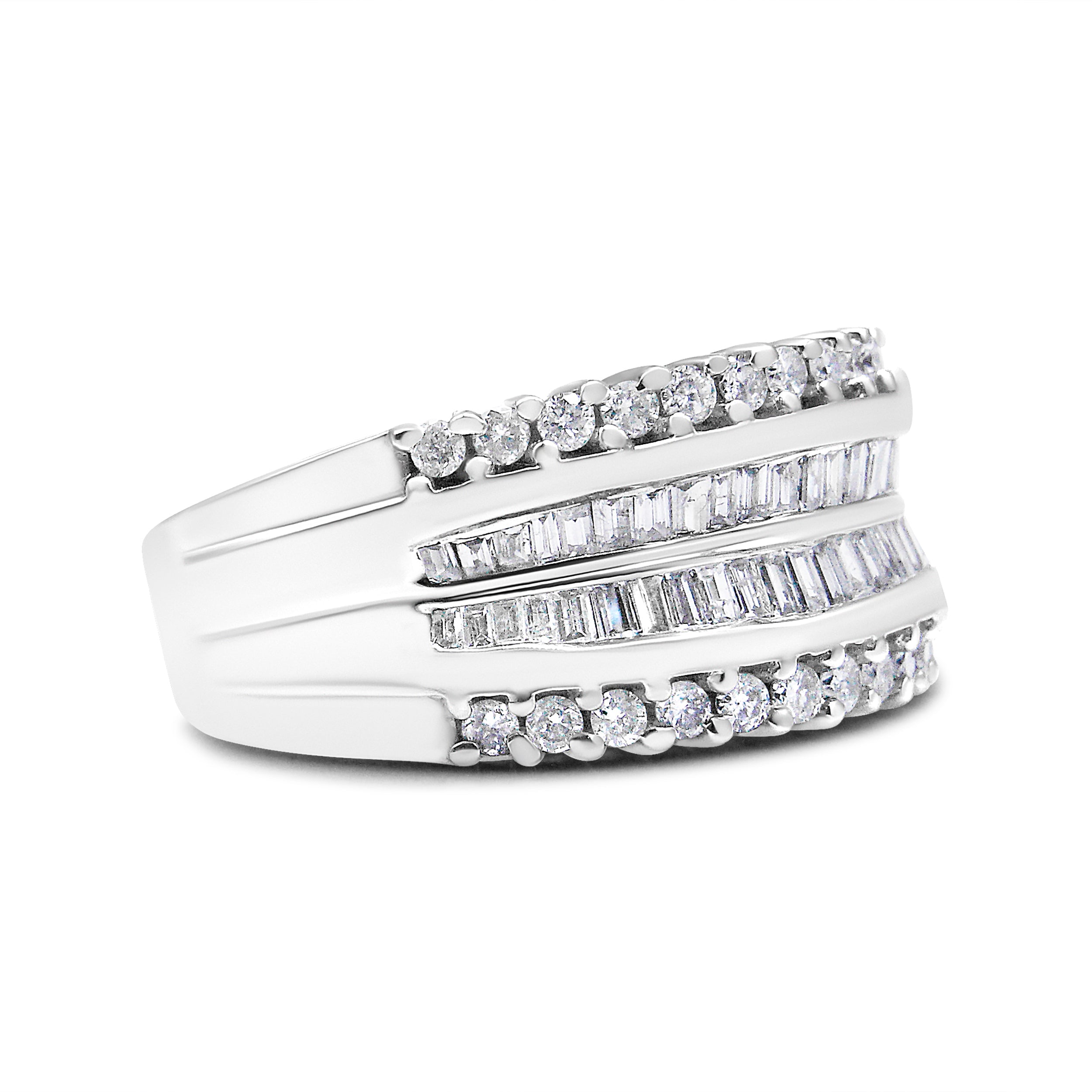 14K White Gold 1.00 Cttw Round and Baguette-Cut Diamond Modern Band Ring (H-I Color, SI2-I1 Clarity) - Ring Size 7
