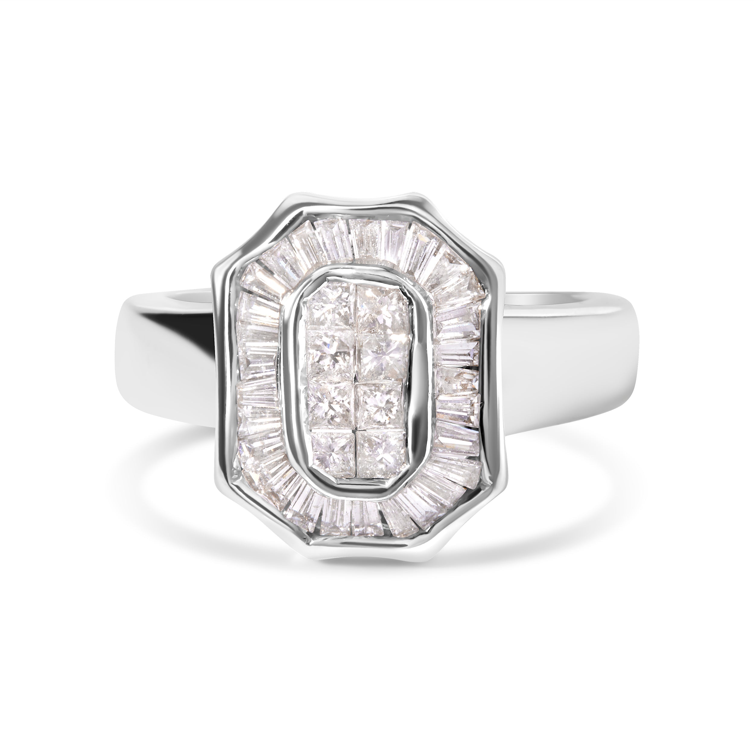 14K White Gold 1.00 Cttw Baguette and Princess-Cut Diamond Cocktail Art Deco Style Ring (H-I Color, SI1-SI2 Clarity) - Size 7