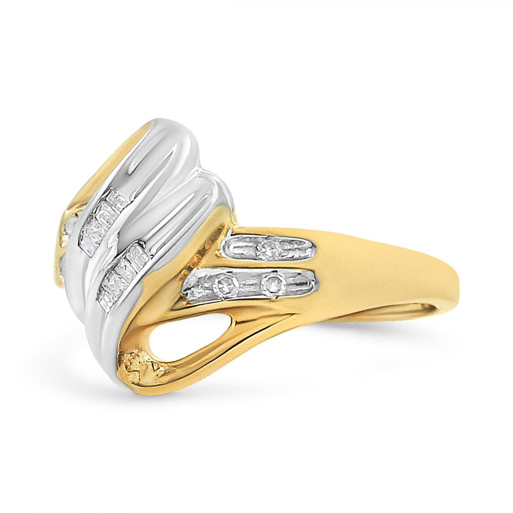 10K Yellow and White Gold 1.00 Cttw Round And Baguette-Cut Diamond Accent Bypass Ring (H-I Color, I2-I3 Clarity) - Ring Size 7
