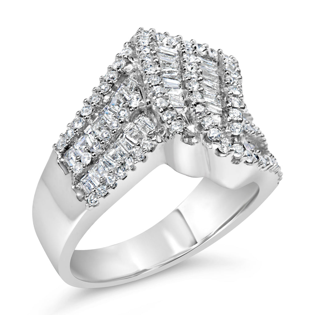 14K White Gold 1-1/2 Cttw Round and Baguette Diamond Bypass Cocktail Ring Band (H-I Color, SI1-SI2 Clarity) - Size 7