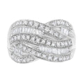 .925 Sterling Silver 1.0 Cttw Channel Set Alternating Round and Baguette Diamond Cross-over Bypass Ring Band (I-J Color, I2-I3 Clarity) - Size 7