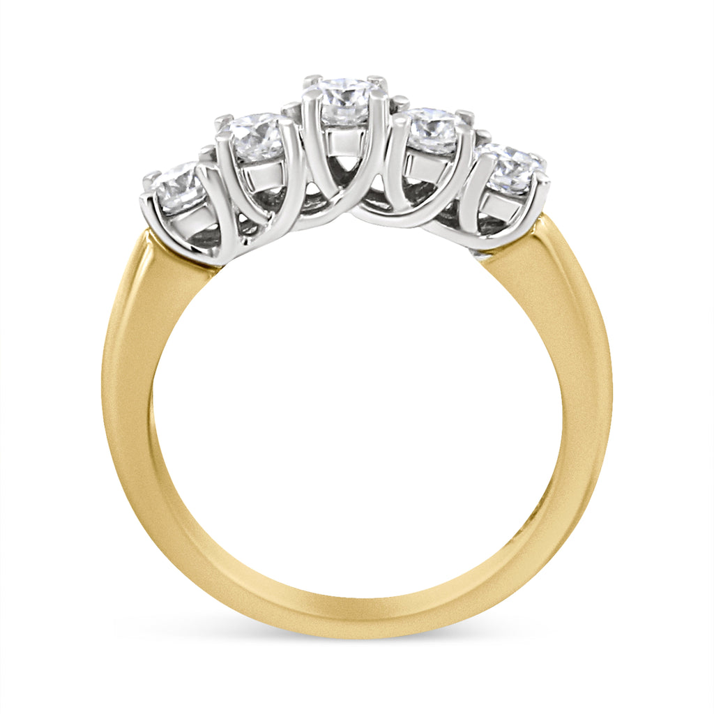 18K Yellow Gold 1.0 Cttw 4 Prong Set Round Cut Diamond Step up 5 Stone Ring Band (F-G Color, SI1-SI2 Clarity) - Size 6