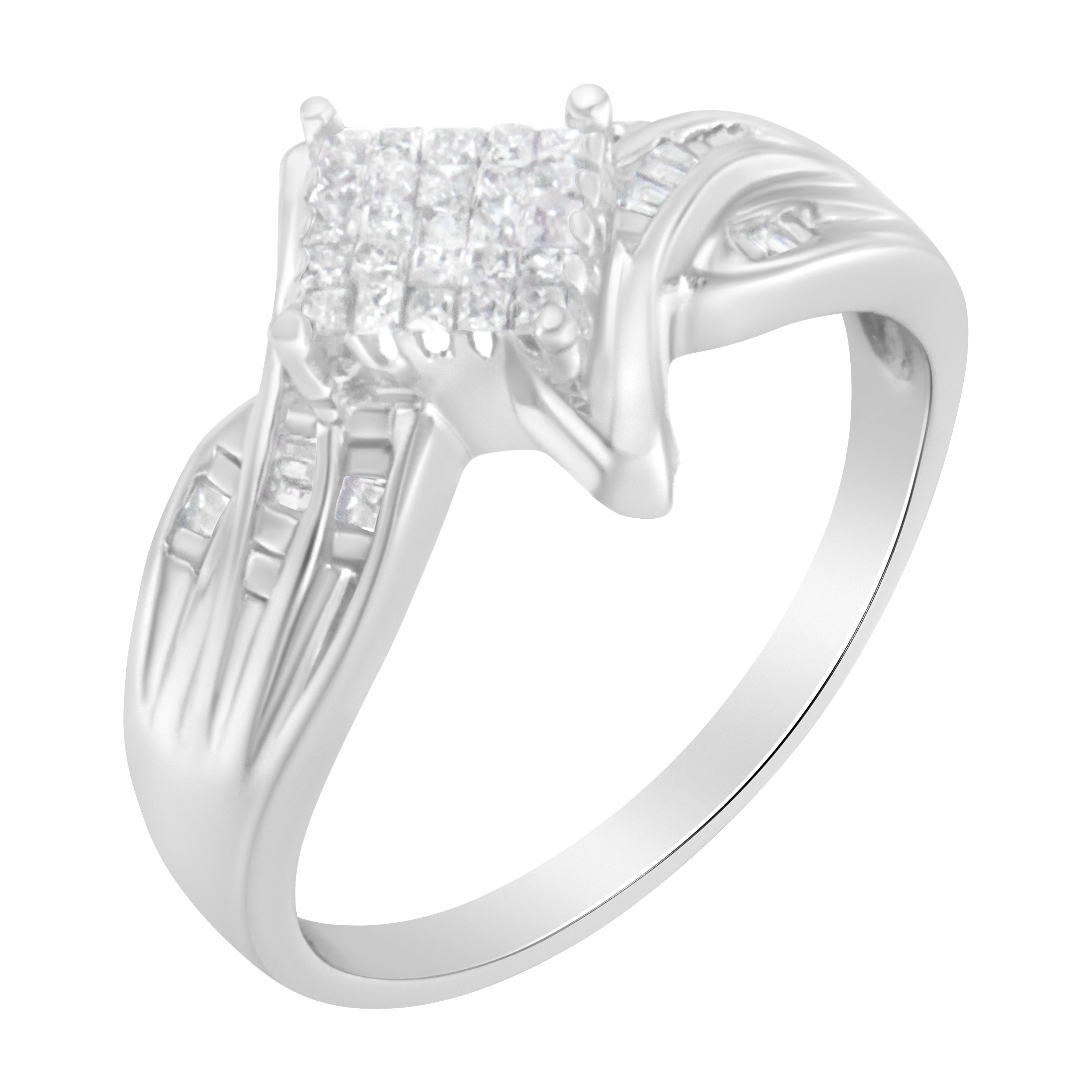 10K White Gold 1/3 Cttw Princess and Baguette Cut Diamond Bypass Style Cocktail Ring (I-J Color, I1-I2 Clarity) - Size 4