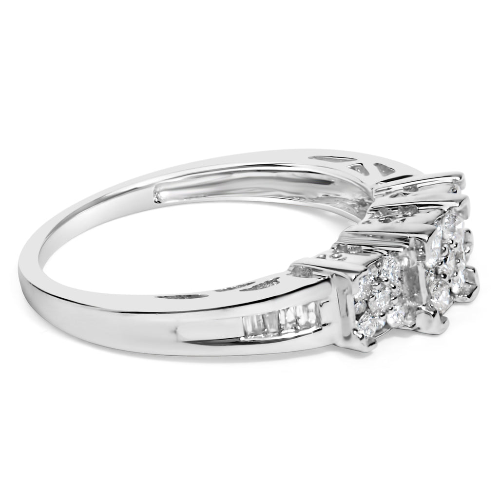 10K White Gold 1/2 Cttw Brilliant & Baguette Cut Diamond 3 Stone Design with 3 Square Clusters Engagement Ring (H-I Color, SI2-I1 Clarity) - Size 6-3/4