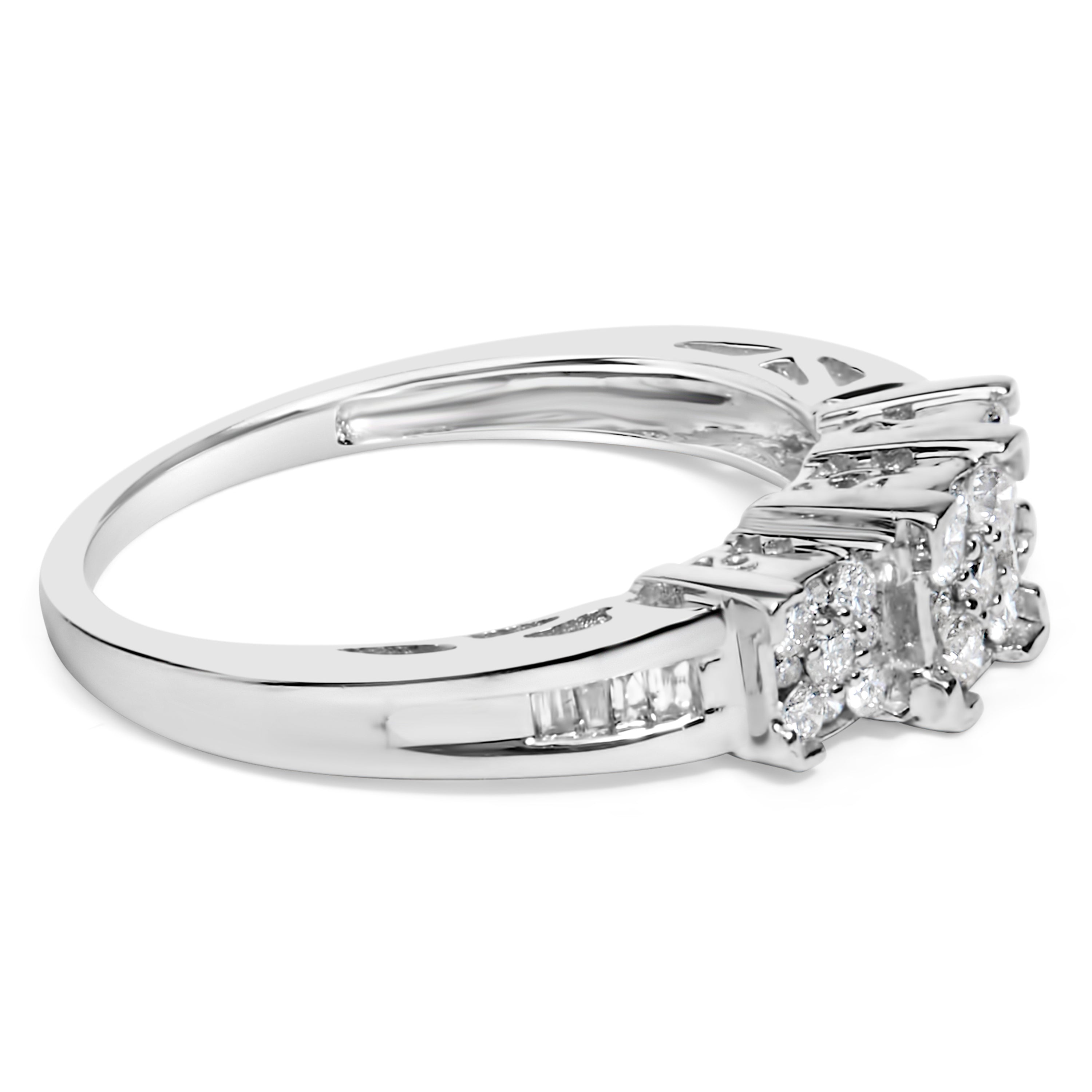 10K White Gold 1/2 Cttw Brilliant & Baguette Cut Diamond 3 Stone Design with 3 Square Clusters Engagement Ring (H-I Color, SI2-I1 Clarity) - Size 6-3/4