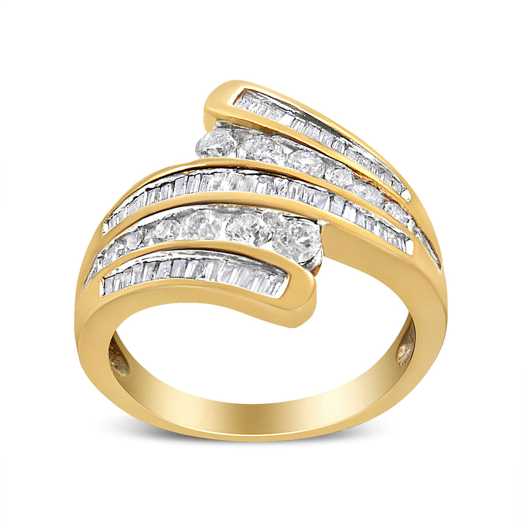 10K Yellow Gold 1 Cttw Round and Baguette-Cut Diamond Multi Row Bypass Ring Band (H-I Color, I1-I2 Clarity) - Ring Size 7