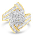 10K Yellow Gold Round and Baguette Diamond Crossover Cluster Ring (3 Cttw, I-J Color, I1-I2 Clarity) - Size 7-1/2