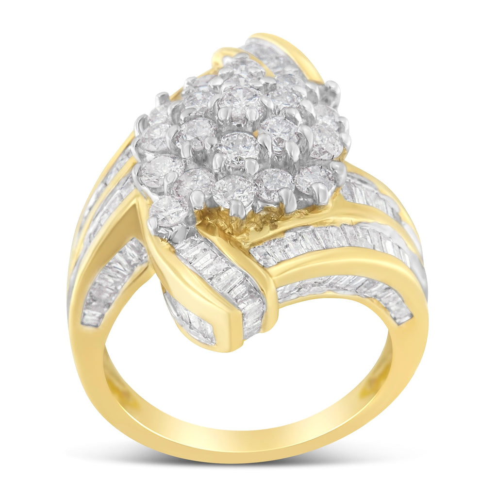 10K Yellow Gold Round and Baguette Diamond Crossover Cluster Ring (3 Cttw, I-J Color, I1-I2 Clarity) - Size 7-1/2