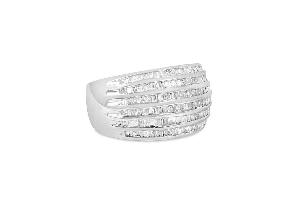 .925 Sterling Silver 1.0 Cttw Baguette-Cut Diamond 6-Row Channel Set Domed Tapered Cocktail Fashion Ring (H-I Color, I2-I3 Clarity) - Size 6-1/2