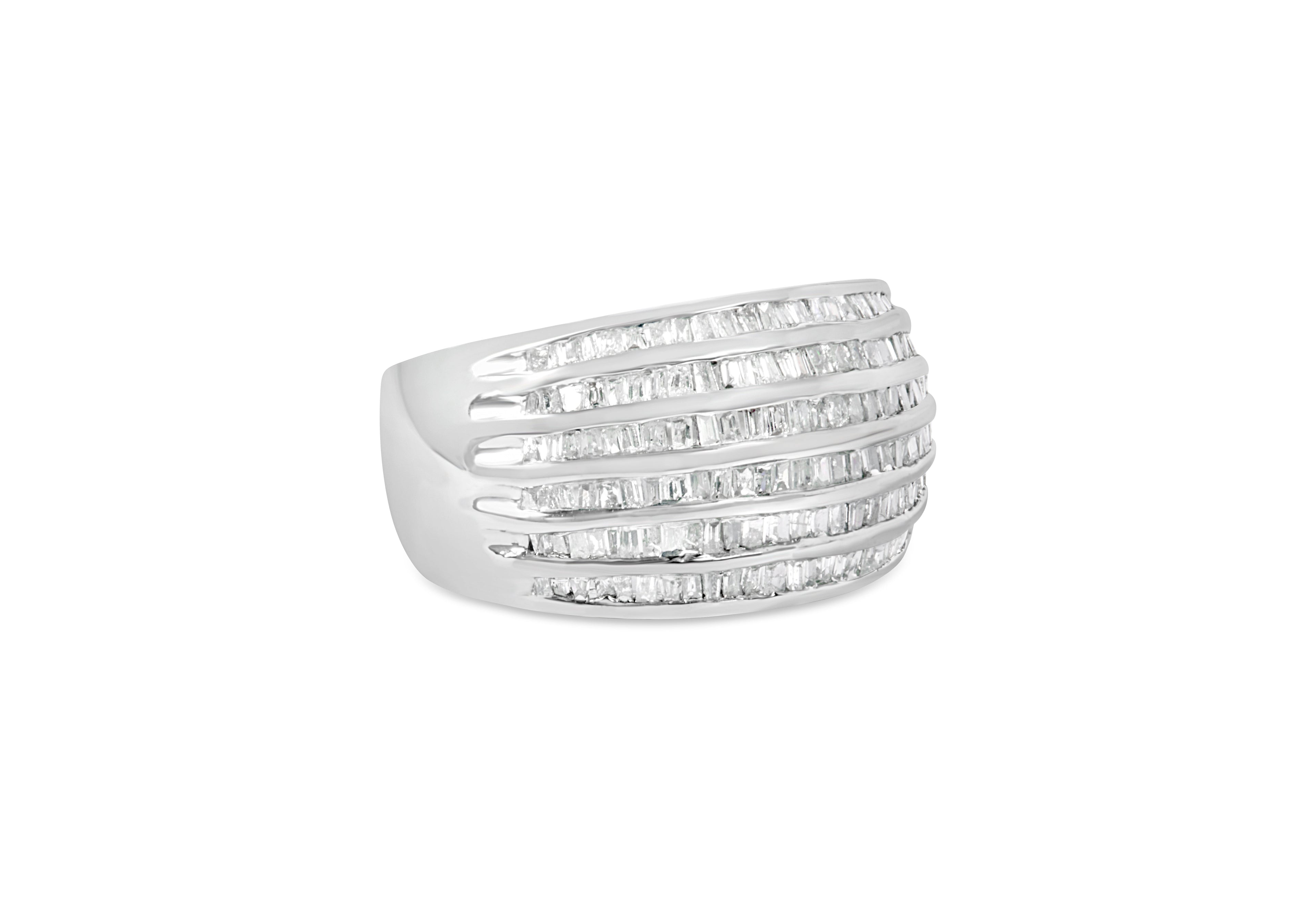 .925 Sterling Silver 1.0 Cttw Baguette-Cut Diamond 6-Row Channel Set Domed Tapered Cocktail Fashion Ring (H-I Color, I2-I3 Clarity) - Size 6-1/2
