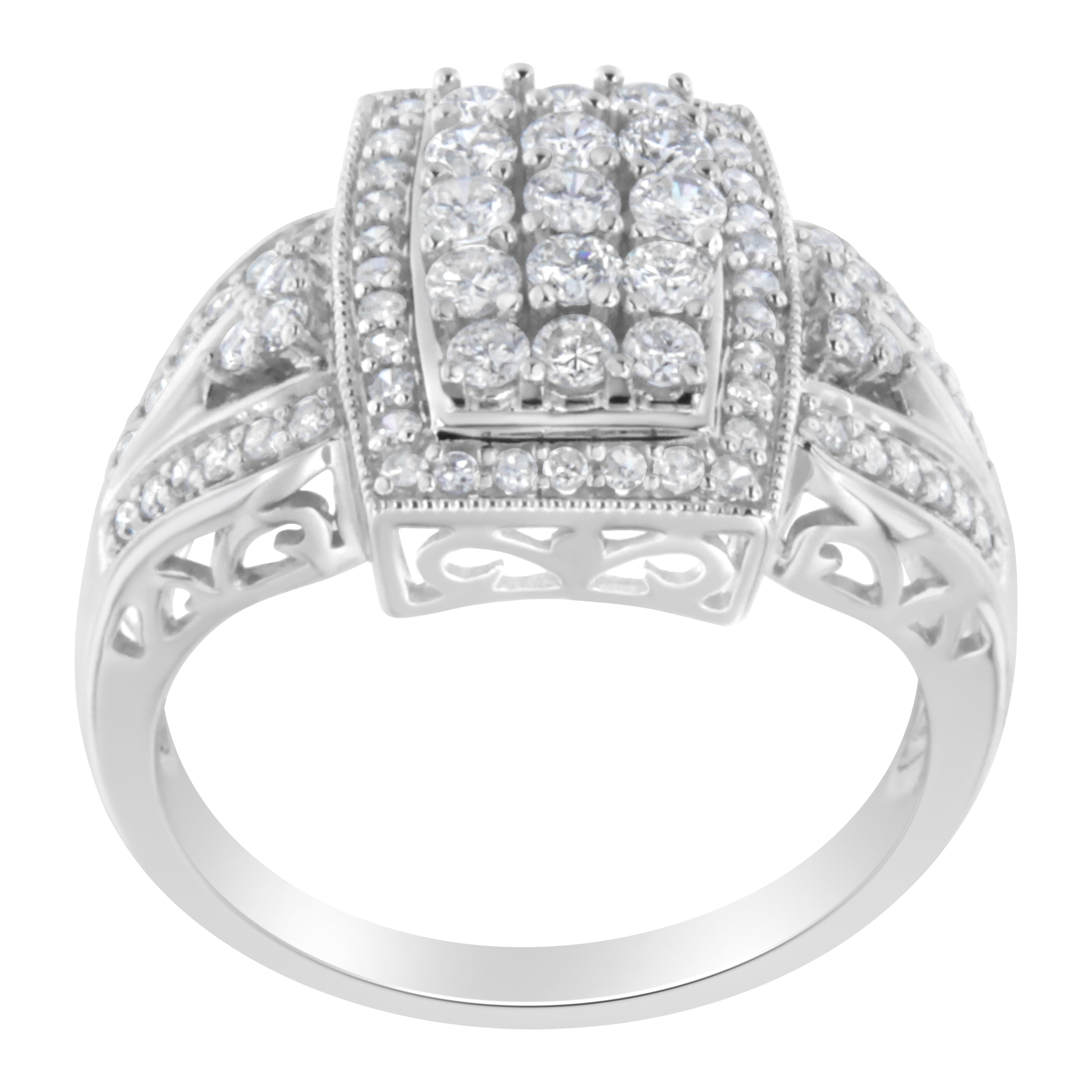 10K White Gold 1.0 Cttw Diamond Rectangular Cushion Shaped Cluster Halo Flared Band Cocktail Fashion Ring (H-I Color, SI2-I1 Clarity) - Size 7