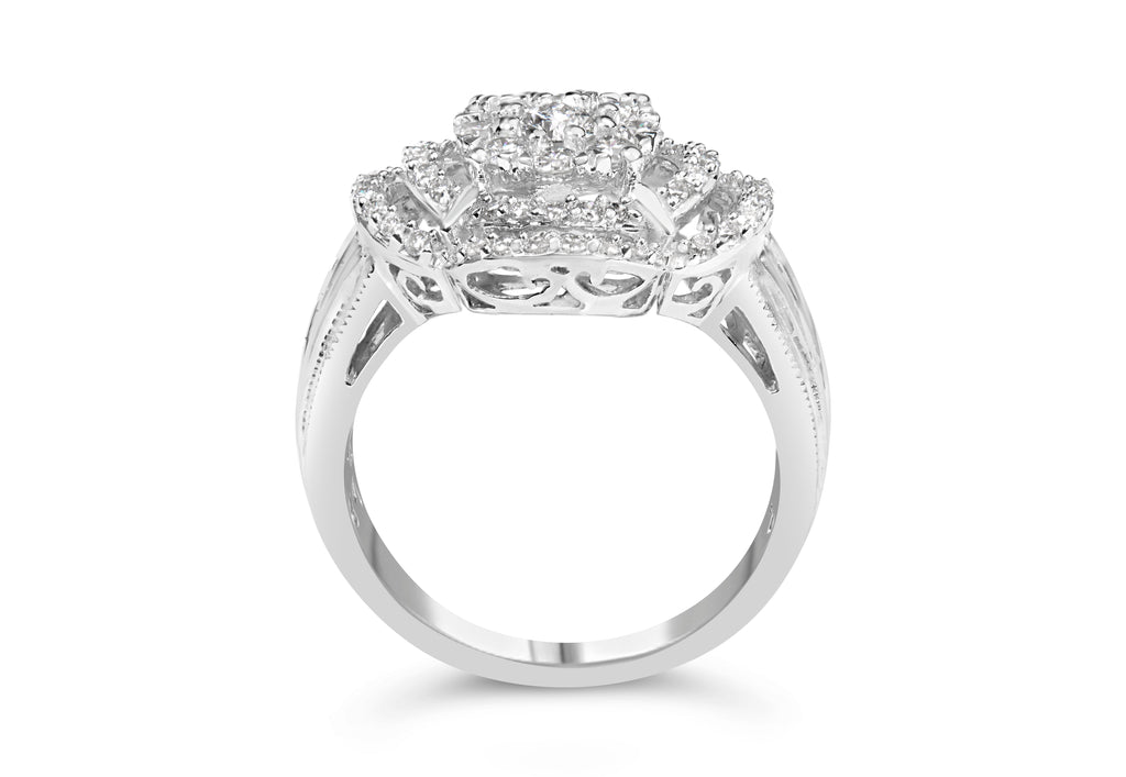 14K White Gold 1.0 Cttw Round & Baguette Cut Diamond Floral Cluster Quatrefoil Channel Set Band Cocktail Statement Ring (H-I Color, SI2-I1 Clarity) - Size 6-3/4