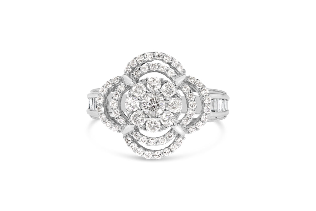 14K White Gold 1.0 Cttw Round & Baguette Cut Diamond Floral Cluster Quatrefoil Channel Set Band Cocktail Statement Ring (H-I Color, SI2-I1 Clarity) - Size 6-3/4