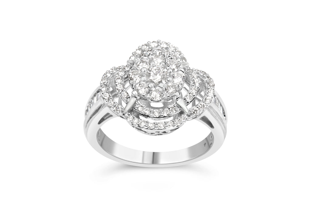 14K White Gold 1.0 Cttw Round & Baguette Cut Diamond Floral Cluster Quatrefoil Channel Set Band Cocktail Statement Ring (H-I Color, SI2-I1 Clarity) - Size 6-3/4