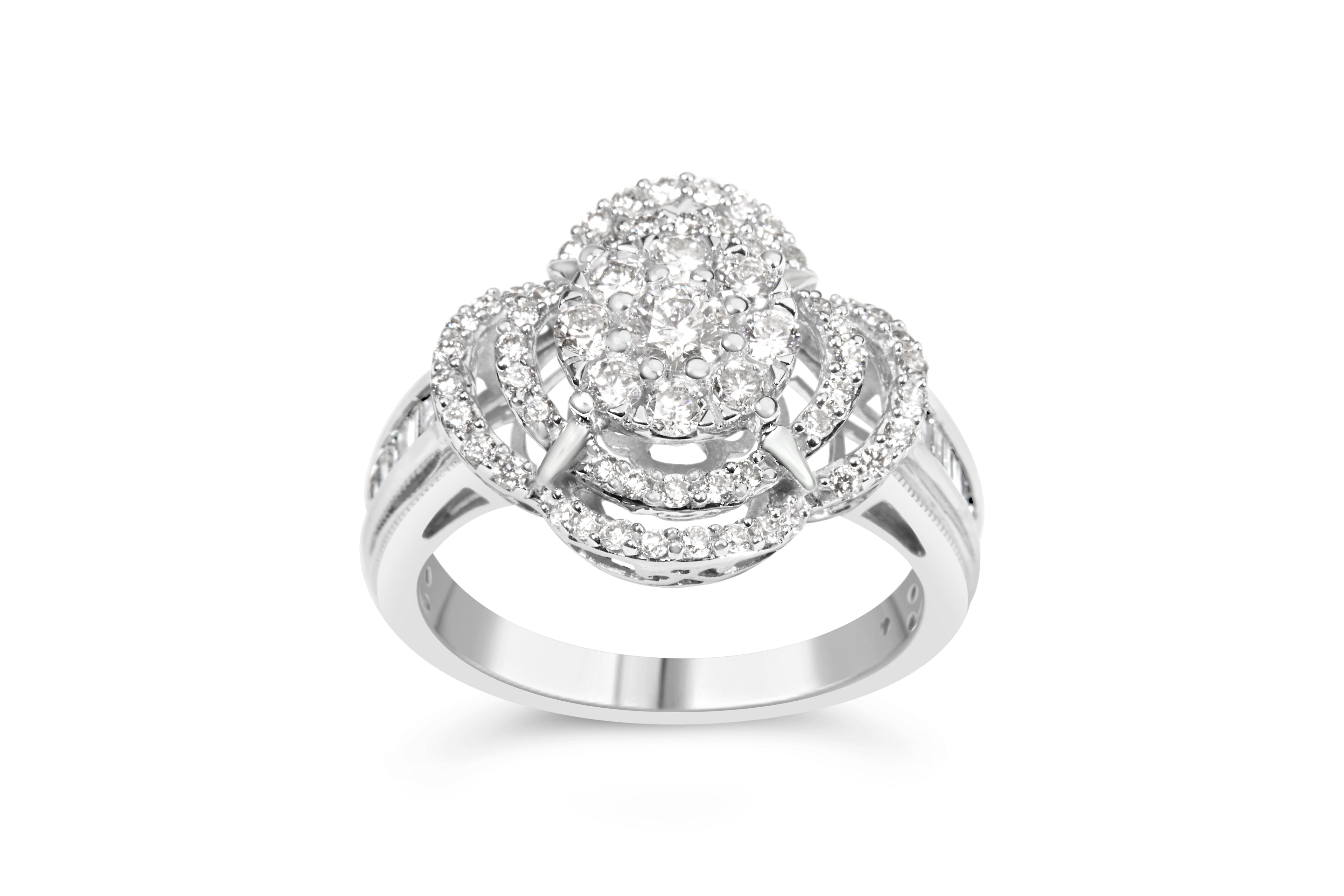 14K White Gold 1.0 Cttw Round & Baguette Cut Diamond Floral Cluster Quatrefoil Channel Set Band Cocktail Statement Ring (H-I Color, SI2-I1 Clarity) - Size 6-3/4