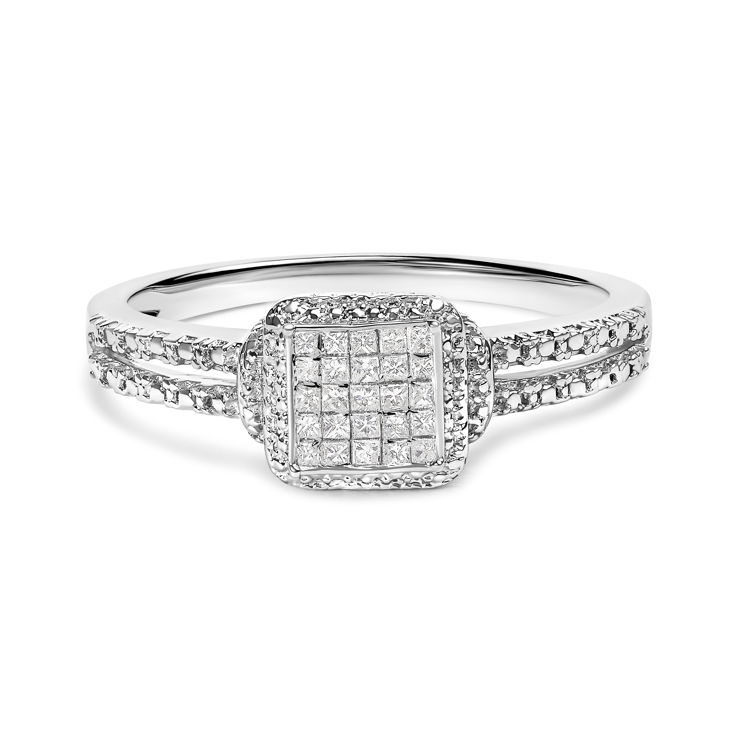 .925 Sterling Silver 1/4 Cttw Princess-cut Diamond Composite Ring with Beaded Halo (H-I Color, SI1-SI2 Clarity) - Size 7