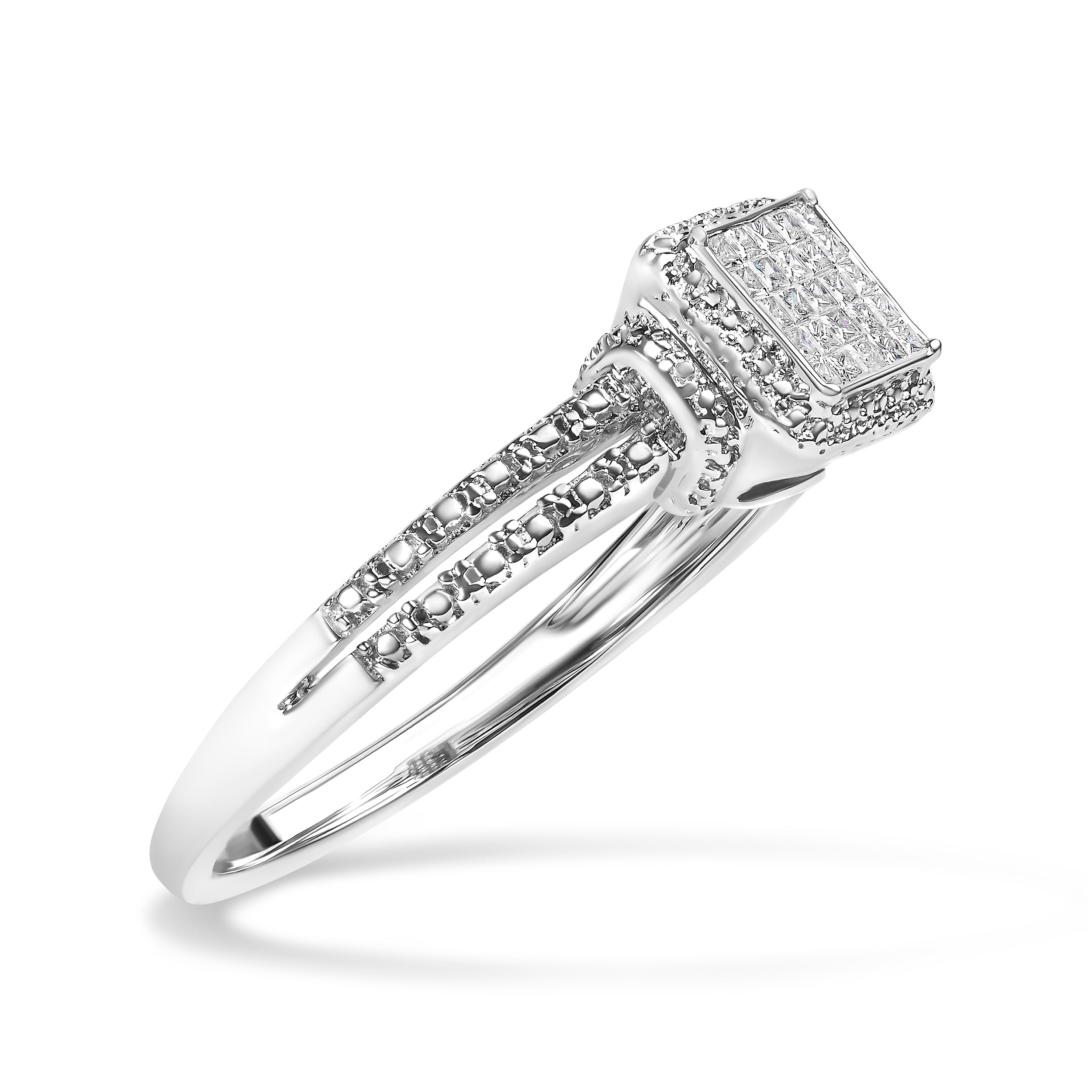 .925 Sterling Silver 1/4 Cttw Princess-cut Diamond Composite Ring with Beaded Halo (H-I Color, SI1-SI2 Clarity) - Size 7