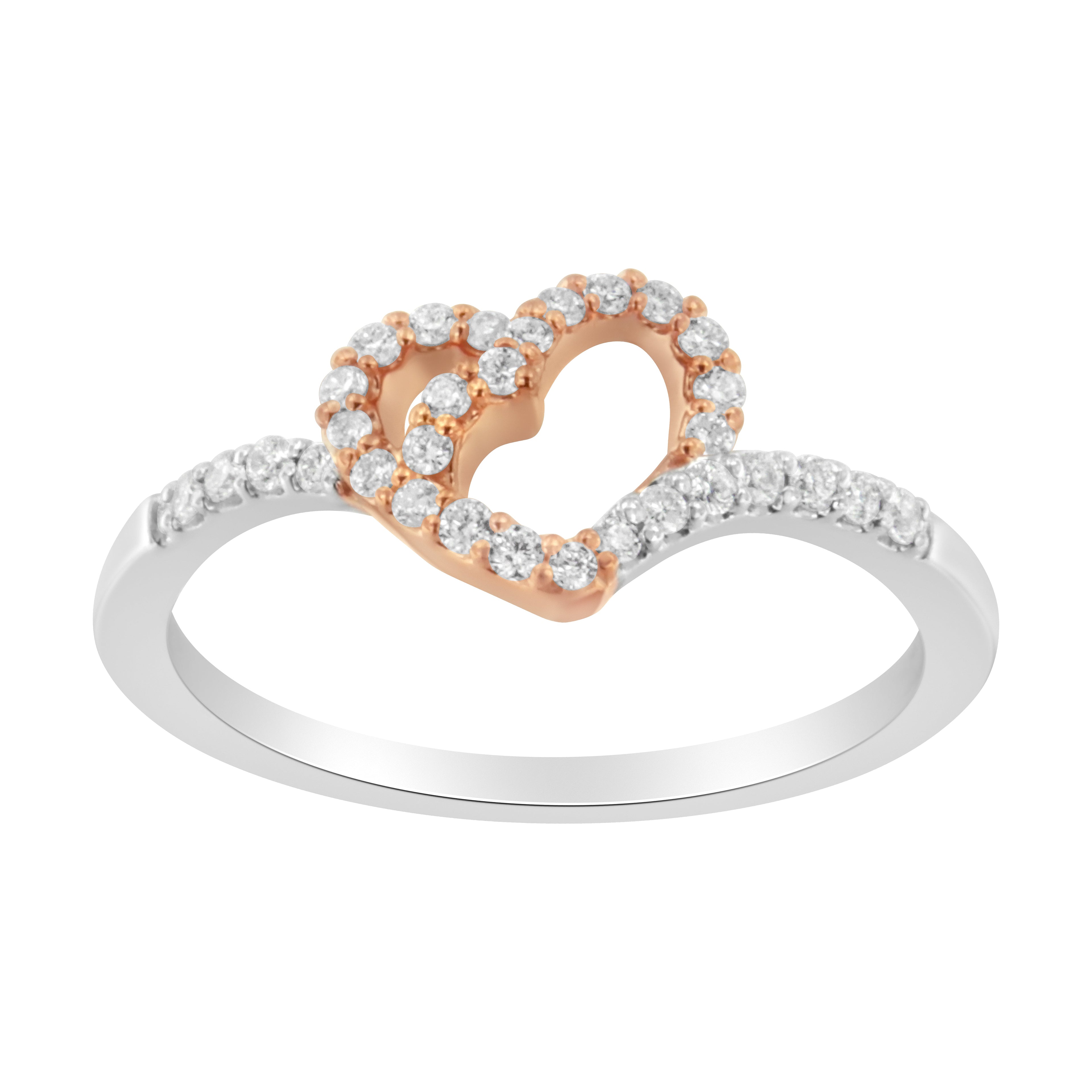 10K Rose Gold over .925 Sterling Silver 1/5 Cttw Diamond Two Tone Open Heart Promise or Fashion Ring (I-J Color, I2-I3 Clarity) - Size 6