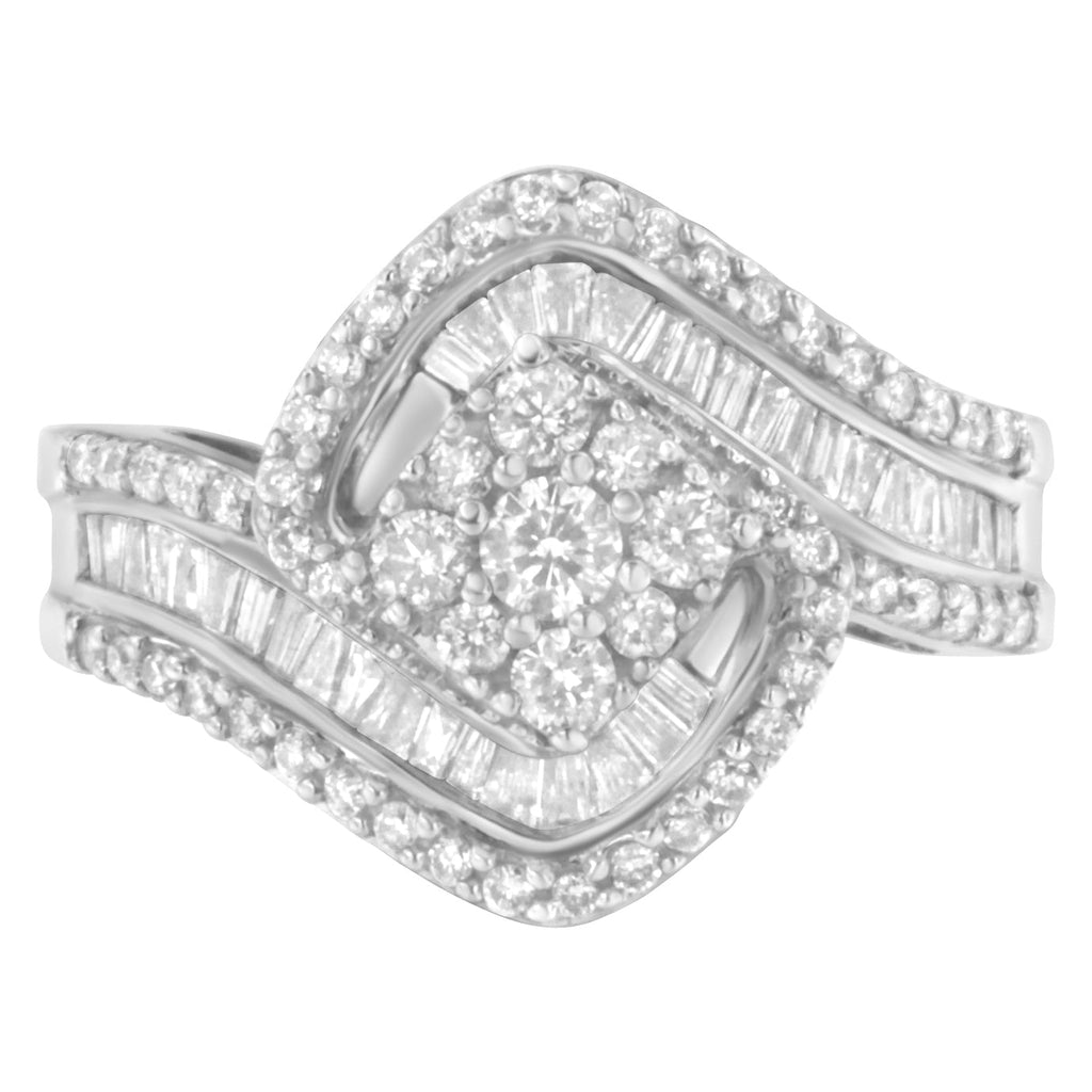 14K White Gold 1 Cttw Baguette and Round Diamond Floral Swirl Cluster Cocktail Ring
