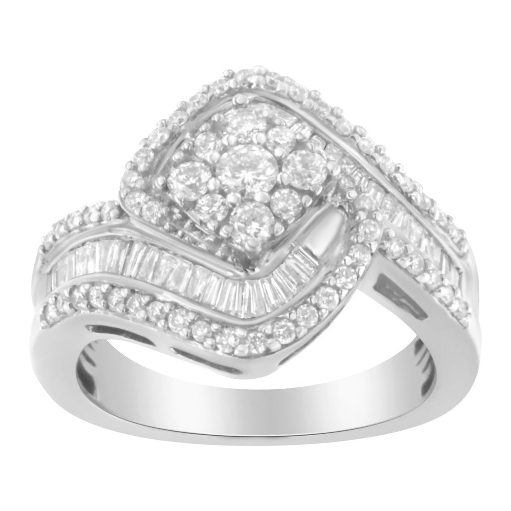14K White Gold 1 Cttw Baguette and Round Diamond Floral Swirl Cluster Cocktail Ring