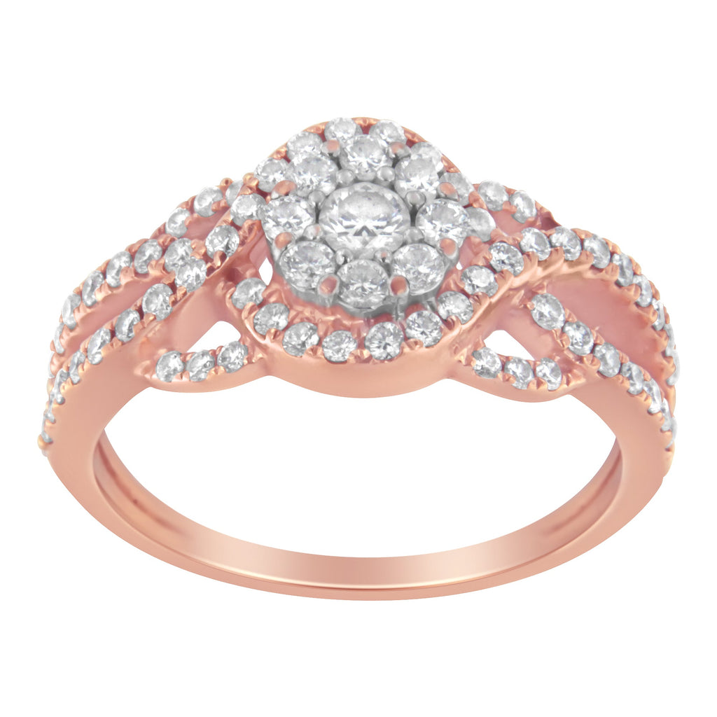 10K Rose Gold 3/4 Cttw Diamond Floral Cluster Head and Twisted Shank Cocktail  Ring (H-I Color, SI1-SI2 Clarity)- Size 7