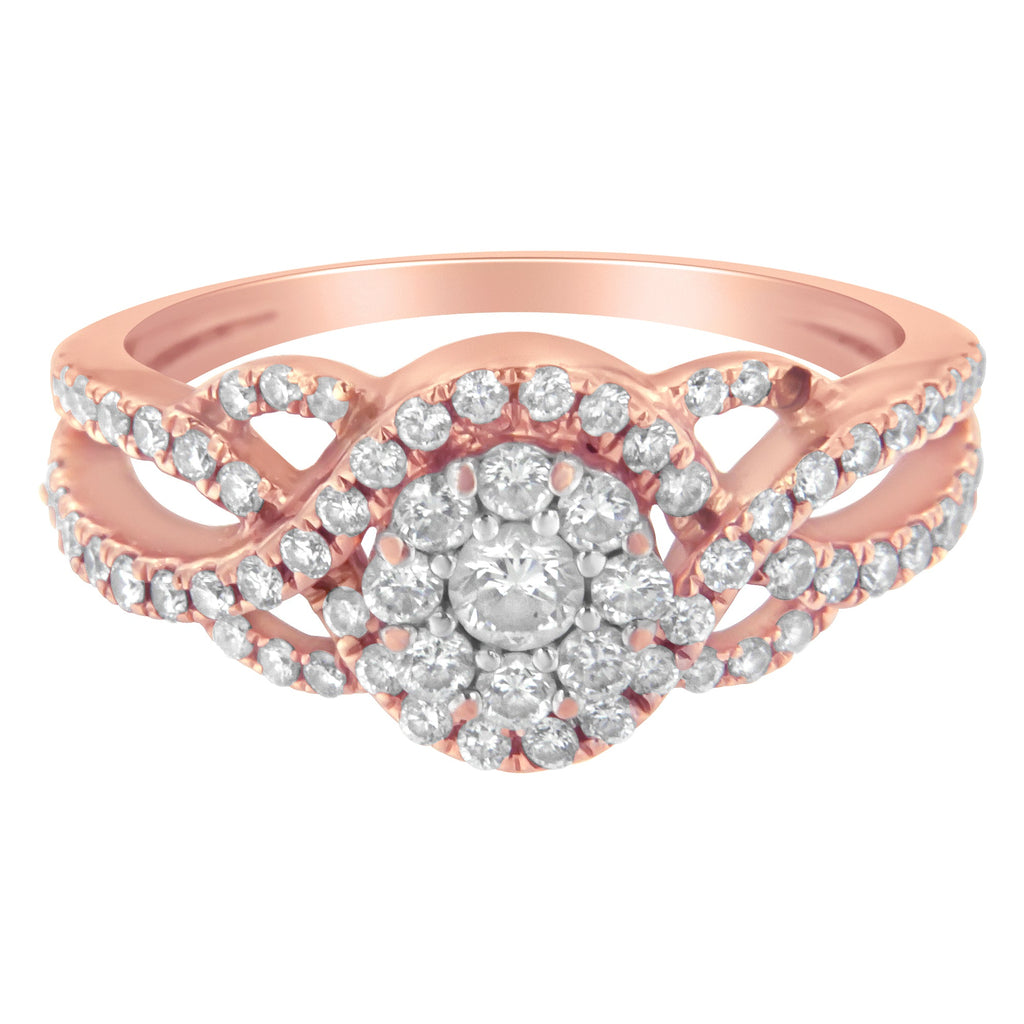 10K Rose Gold 3/4 Cttw Diamond Floral Cluster Head and Twisted Shank Cocktail  Ring (H-I Color, SI1-SI2 Clarity)- Size 7
