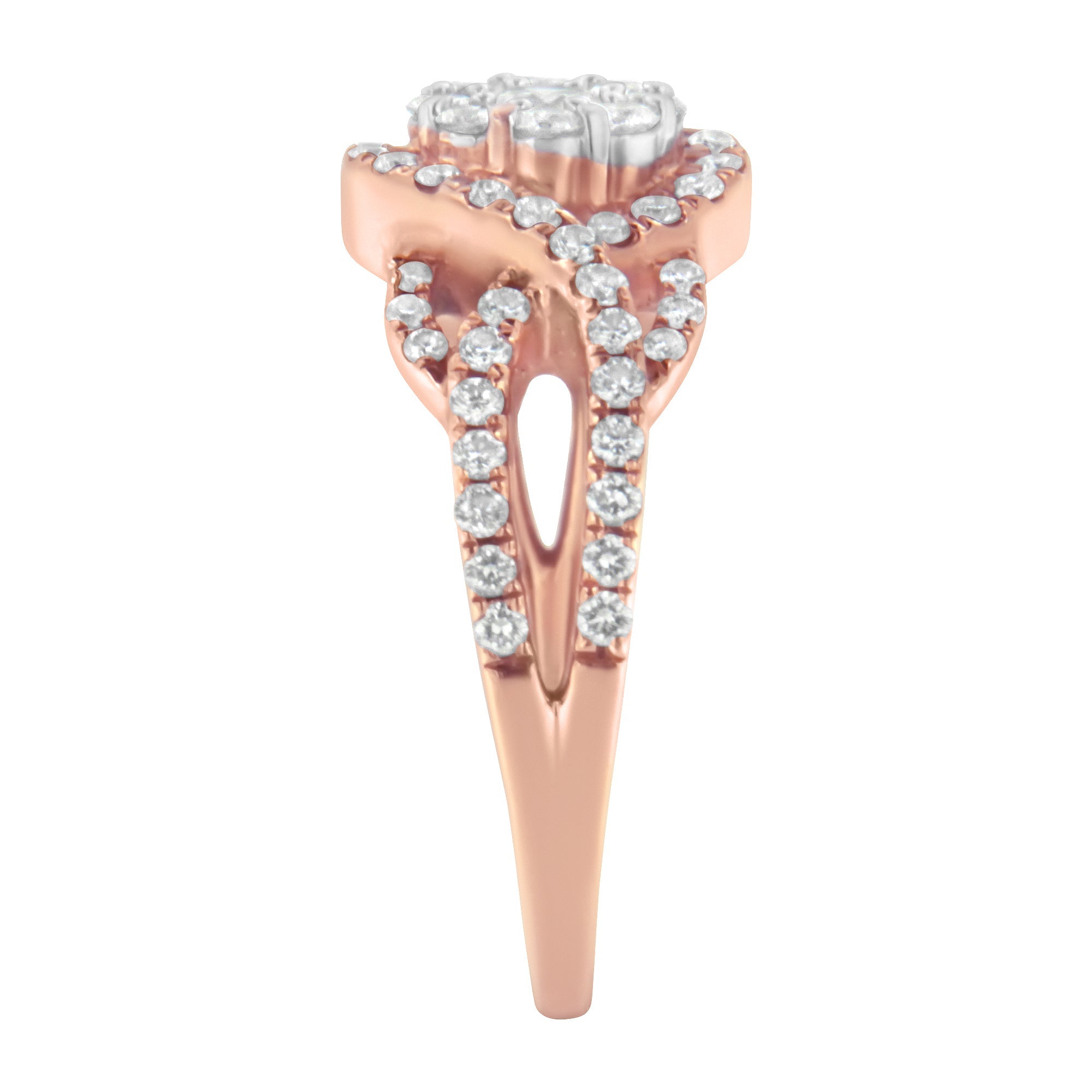 10K Rose Gold 3/4 Cttw Diamond Floral Cluster Head and Twisted Shank Cocktail  Ring (H-I Color, SI1-SI2 Clarity)- Size 7