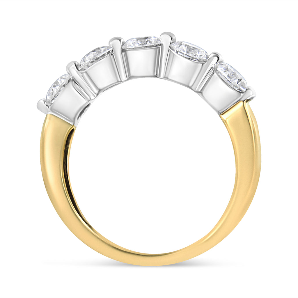 14K White and Yellow Gold 1 1/2 Cttw 2 Prong Cup Set Round-Cut Diamond 5 Stone Ring Band (H-I Color, SI2-I1 Clarity) - Ring Size 7