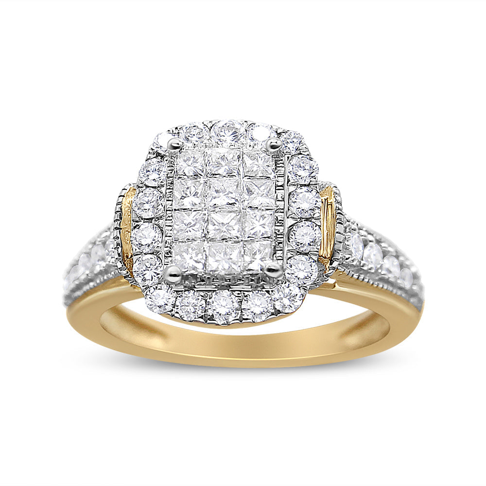 14K Yellow and White Gold 1.00 Cttw Princess and Round Cut Emerald Shaped Halo Diamond Cluster Ring (SI1-SI2 Clarity, H-I Color) - Size 7