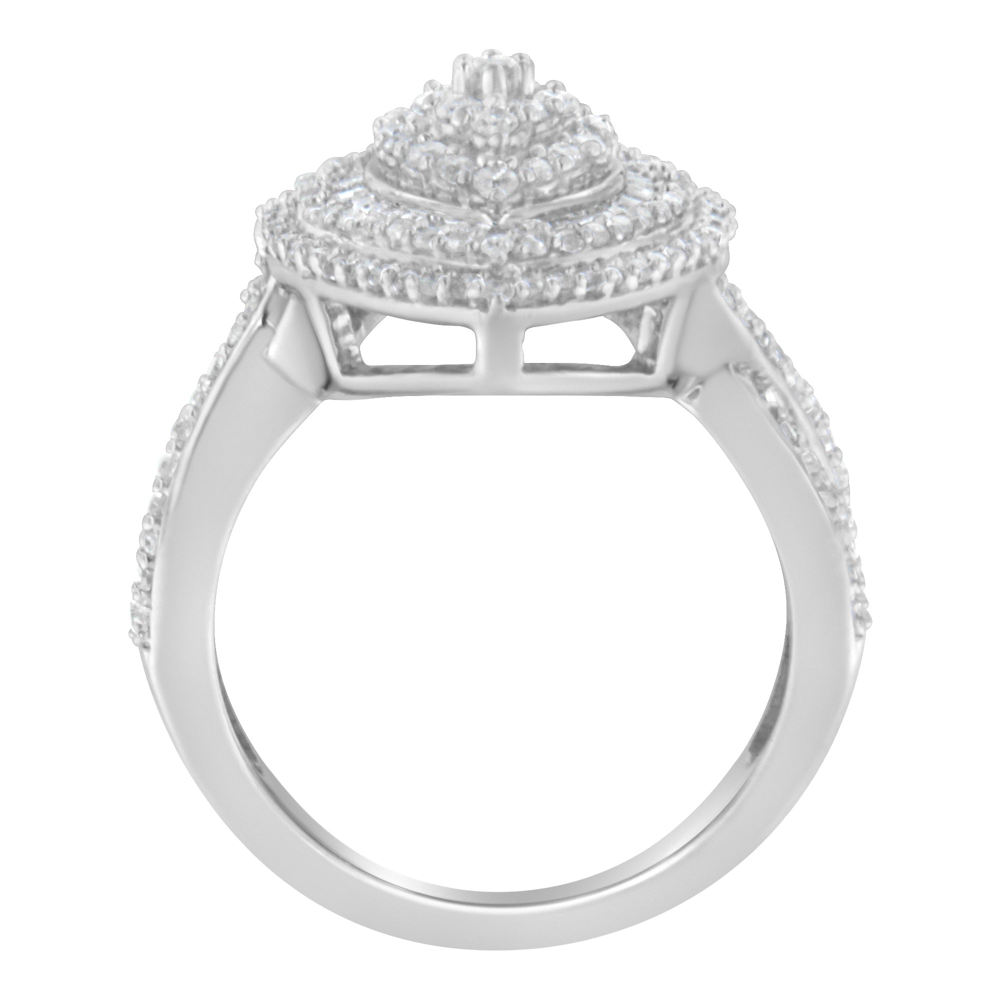 .925 Sterling Silver 1.0 Cttw Round & Baguette-Cut Diamond Marquise-Shaped Cluster Triple Stepped Halo Cocktail Fashion Ring (I-J Color, I2-I3 Clarity) - Size 7
