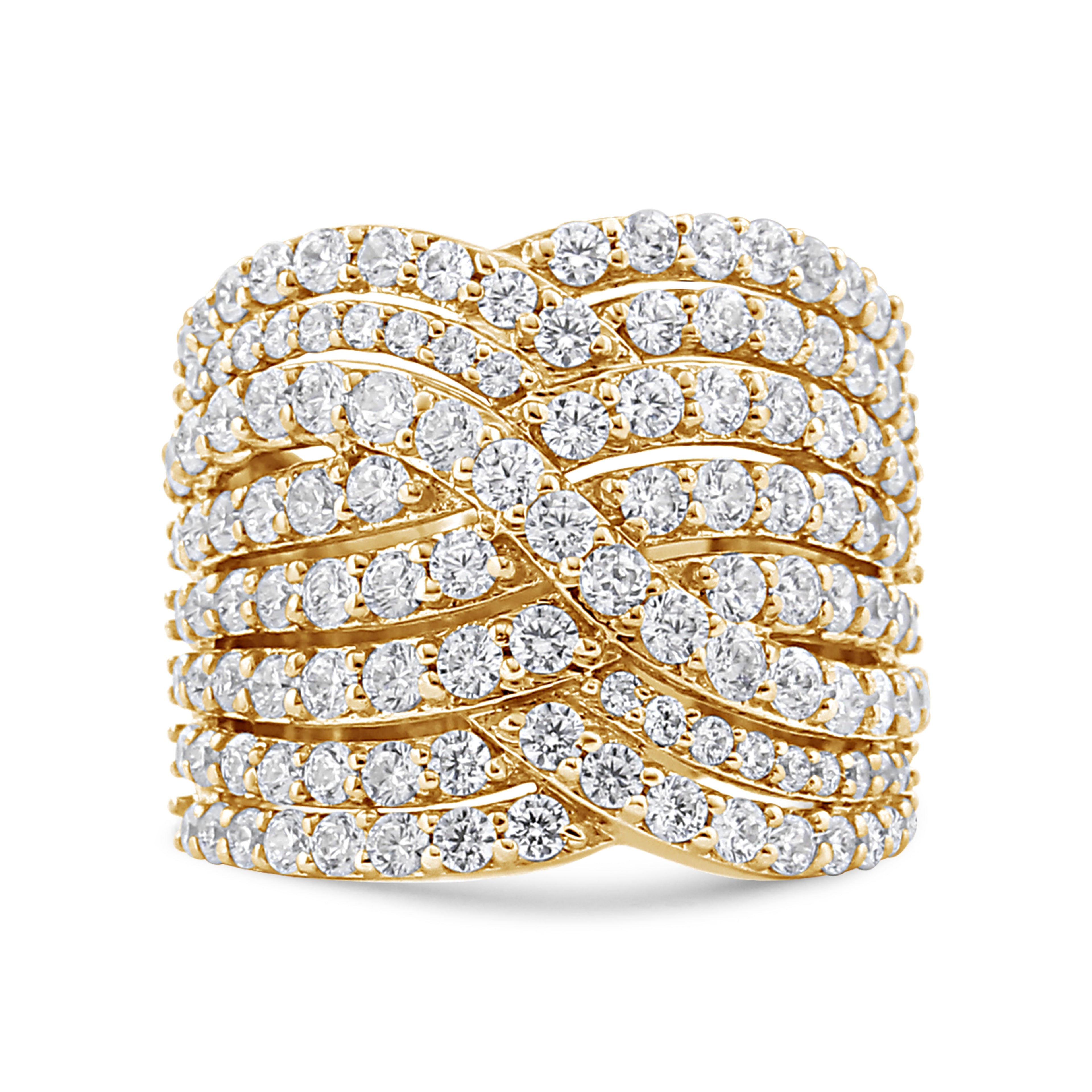 10K Yellow Gold 3.0 Cttw Diamond Eight-Row Bypass Crossover Statement Band Ring (H-I Color, I2-I3 Clarity) - Size 7