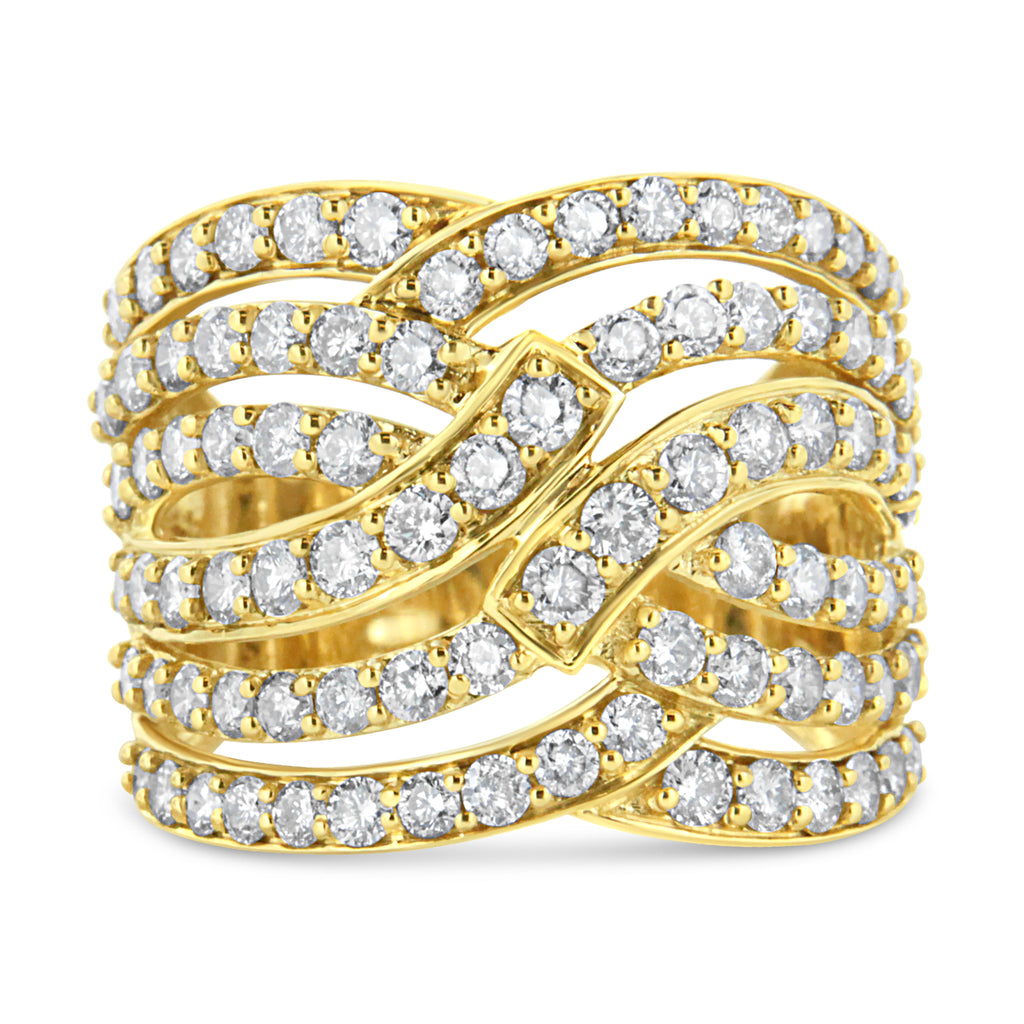 10K Yellow Gold 3.00 Cttw Diamond Multi Row Bypass Wave Cocktail Band Ring (J-K Color, I1-I2 Clarity) - Size 7