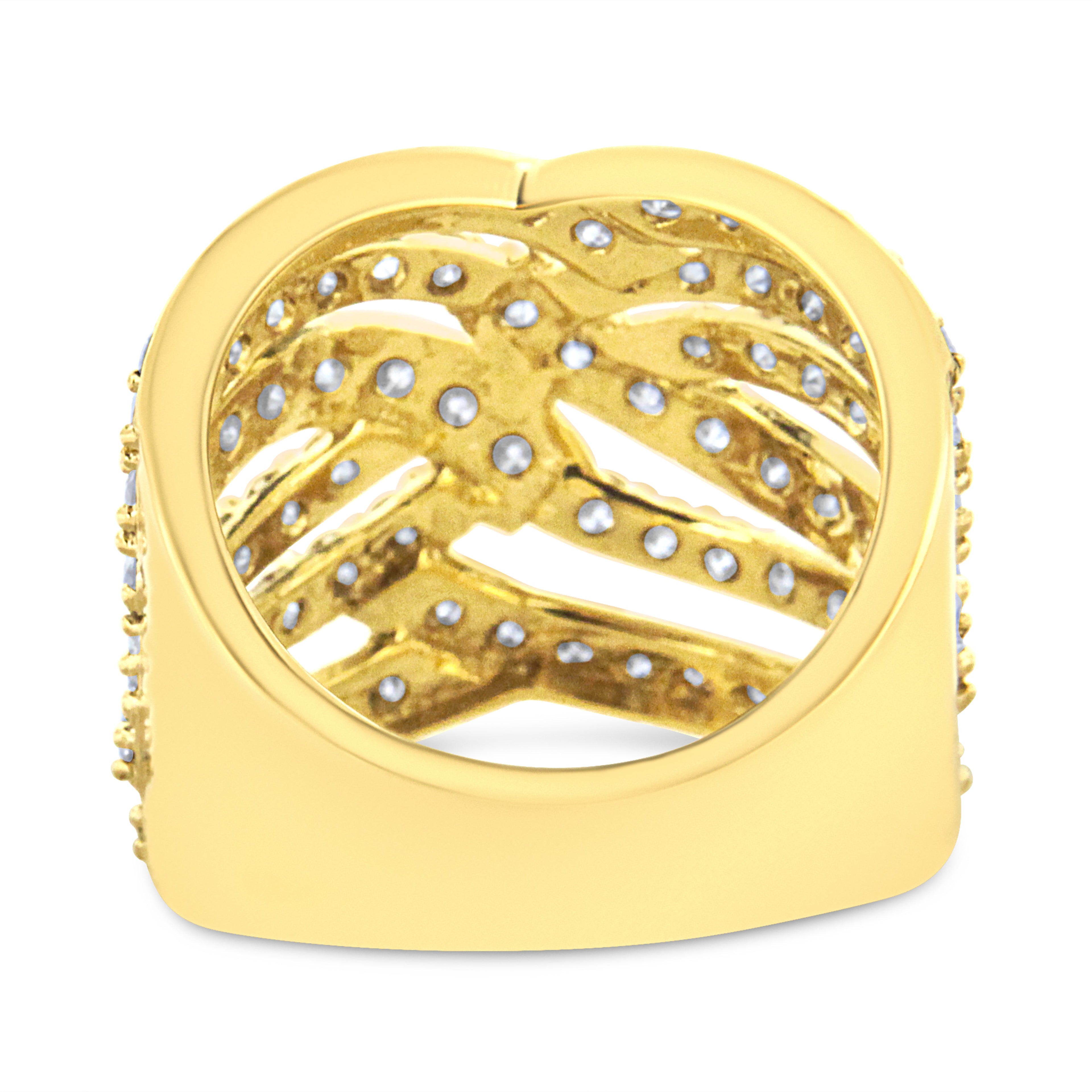10K Yellow Gold 3.00 Cttw Diamond Multi Row Bypass Wave Cocktail Band Ring (J-K Color, I1-I2 Clarity) - Size 7