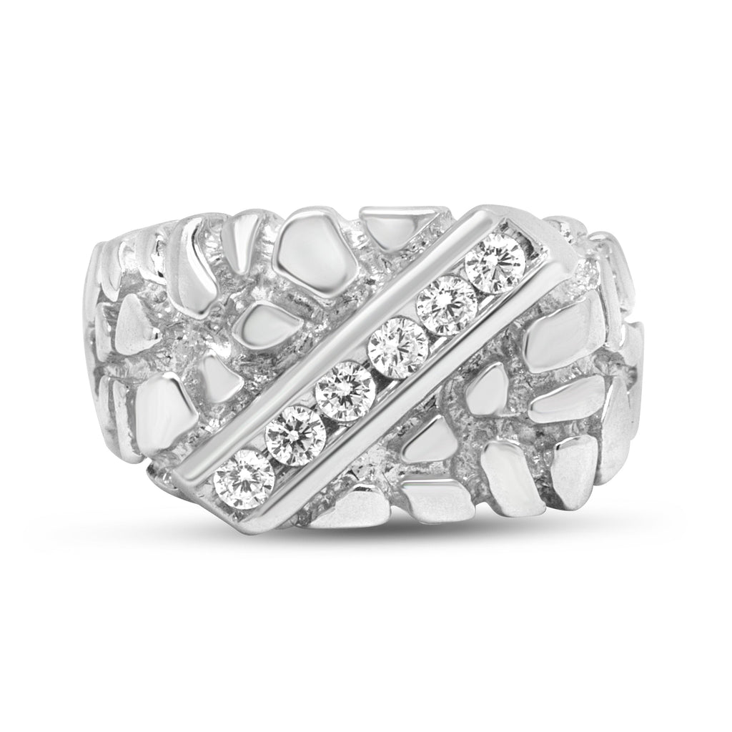 .925 Sterling Silver 1/3 Diamond 6 Stone Rectangle Nugget Gents Ring - Size 10