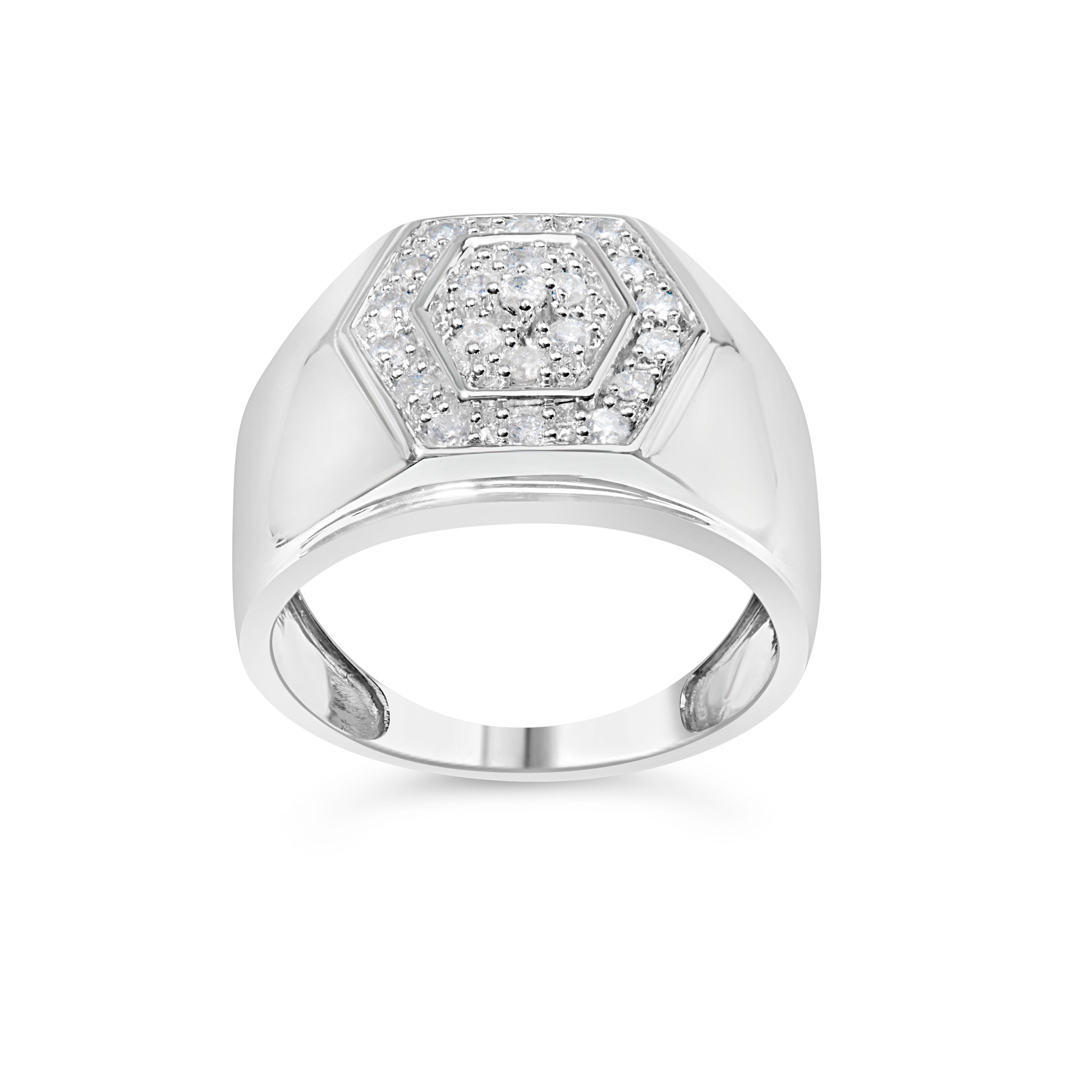 Men's .925 Sterling Silver 1/2 Cttw Multi-Diamond Hexagon Frame Ring (I-J Color, I3 Clarity) - Ring Size 10