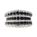 14K Yellow Gold Plated .925 Sterling Silver 1 3/4 Cttw Treated Black and White Alternating Diamond Multi Row Band Ring (Black / I-J Color, I2-I3 Clarity) - Size 7