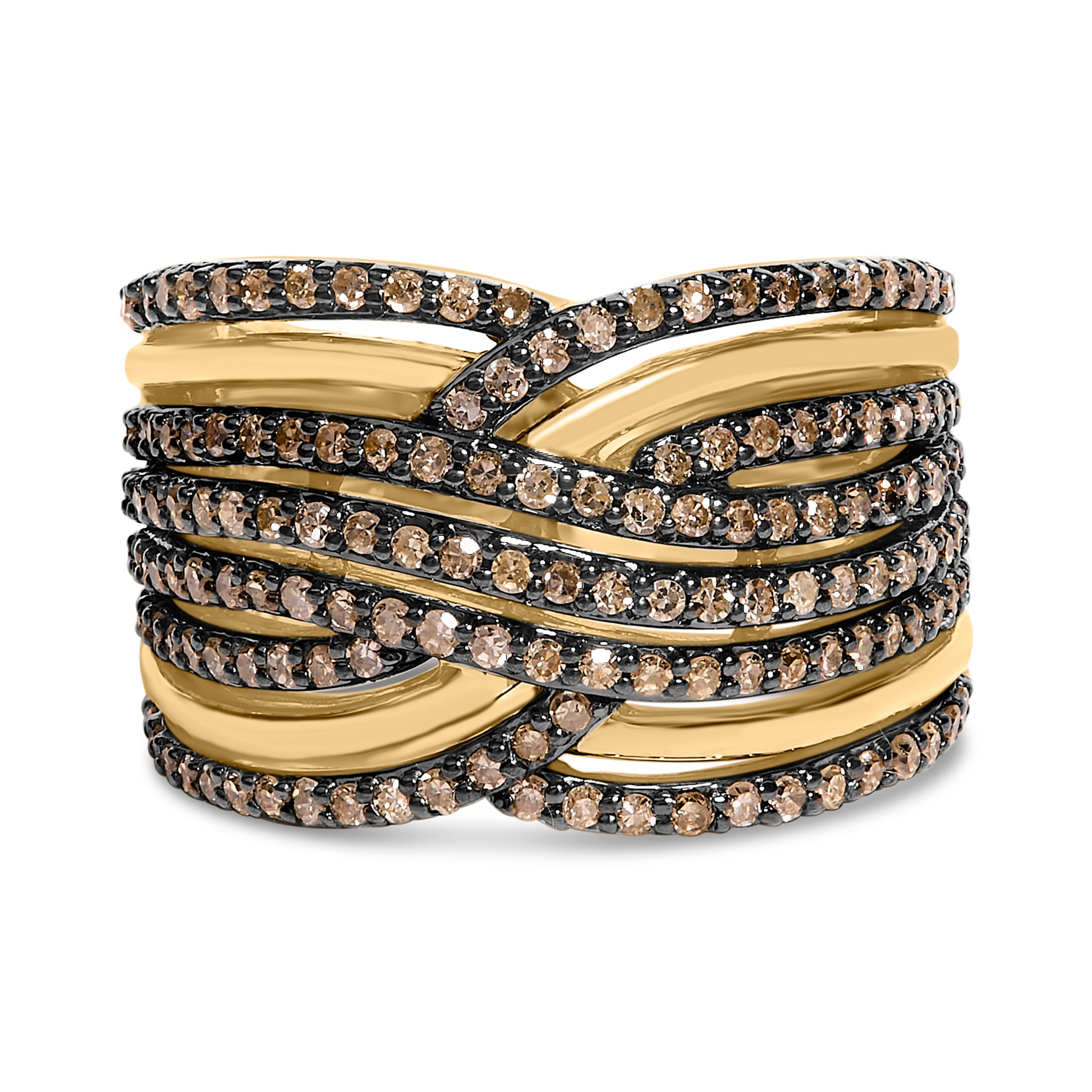 10K Yellow Gold Plated .925 Sterling Silver 1.0 Cttw Champagne Diamond Multi Row Cross Over Band Ring - Size 7