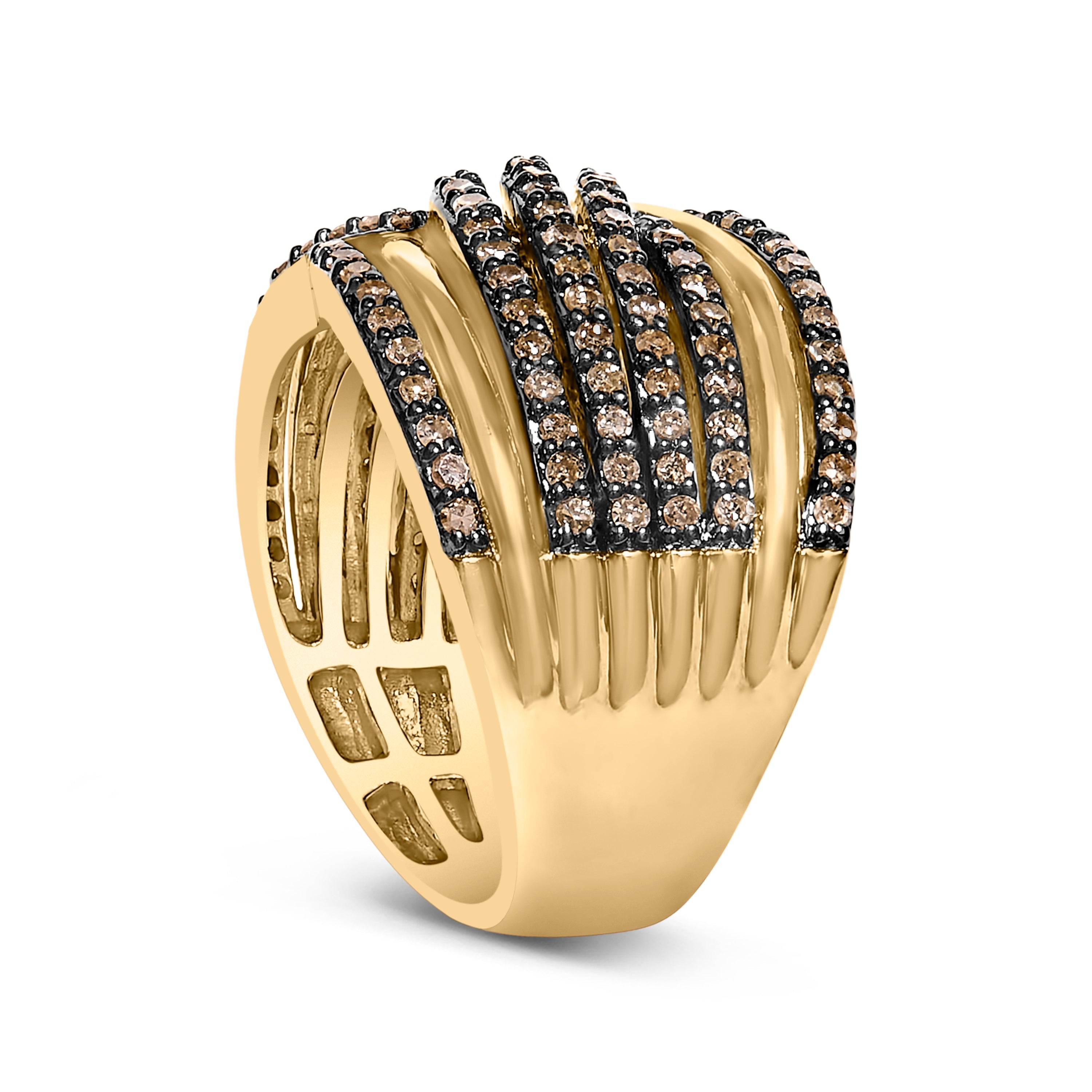 10K Yellow Gold Plated .925 Sterling Silver 1.0 Cttw Champagne Diamond Multi Row Cross Over Band Ring - Size 7