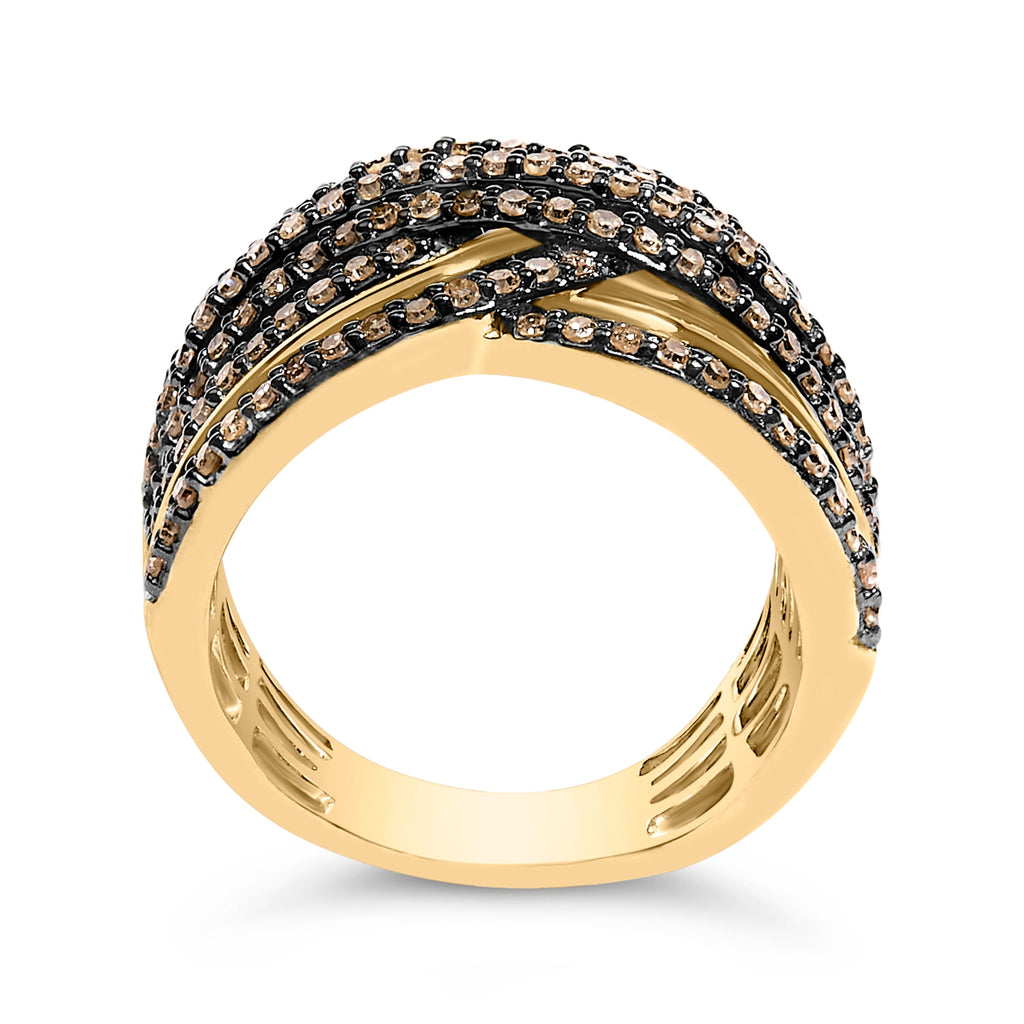 10K Yellow Gold Plated .925 Sterling Silver 1.0 Cttw Champagne Diamond Multi Row Cross Over Band Ring - Size 7