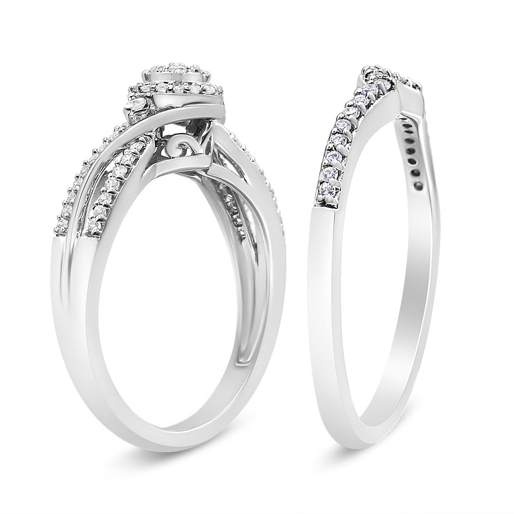 .925 Sterling Silver 1/3 Cttw Composite Diamond Frame Bypass Bridal Set Ring and Band (I-J Color, I2-I3 Clarity) - Ring Size 7