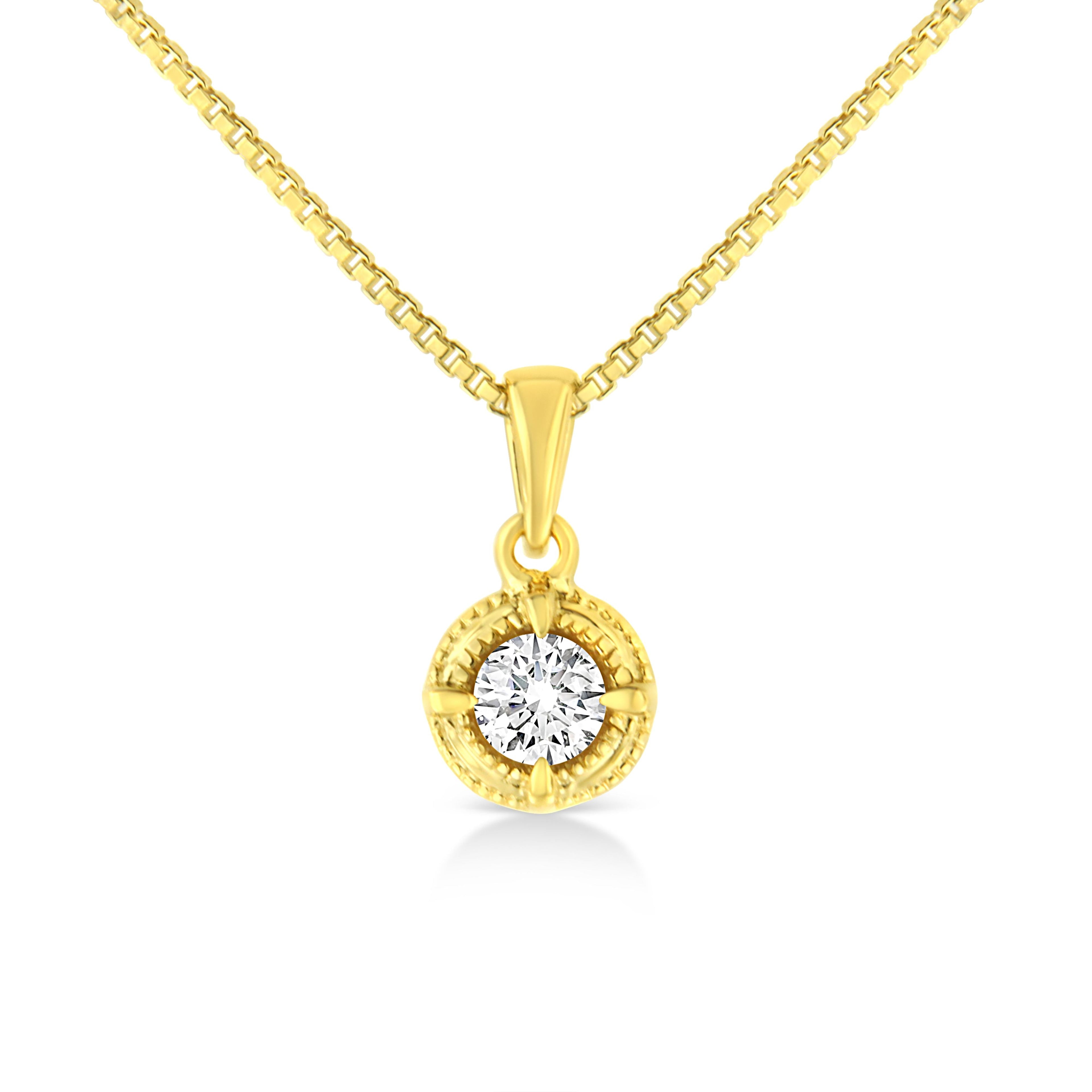 14K Yellow Gold Plated .925 Sterling Silver 1/2 Cttw Brilliant Round Cut Diamond Solitaire Milgrain 18" Pendant Necklace (K-L Color, I2-I3 Clarity)