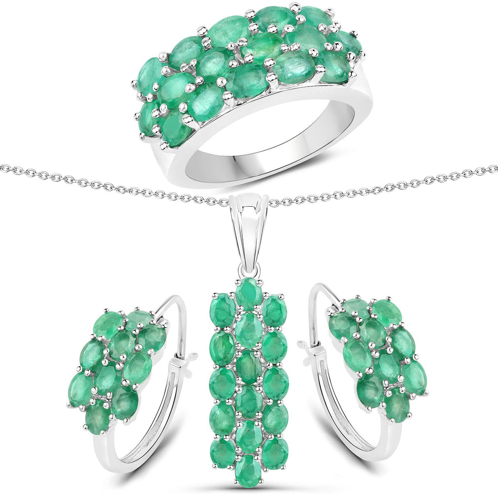 7.80 Carat Genuine Zambian Emerald .925 Sterling Silver 3 Piece Jewelry Set (Ring, Earrings, and Pendant w/ Chain)