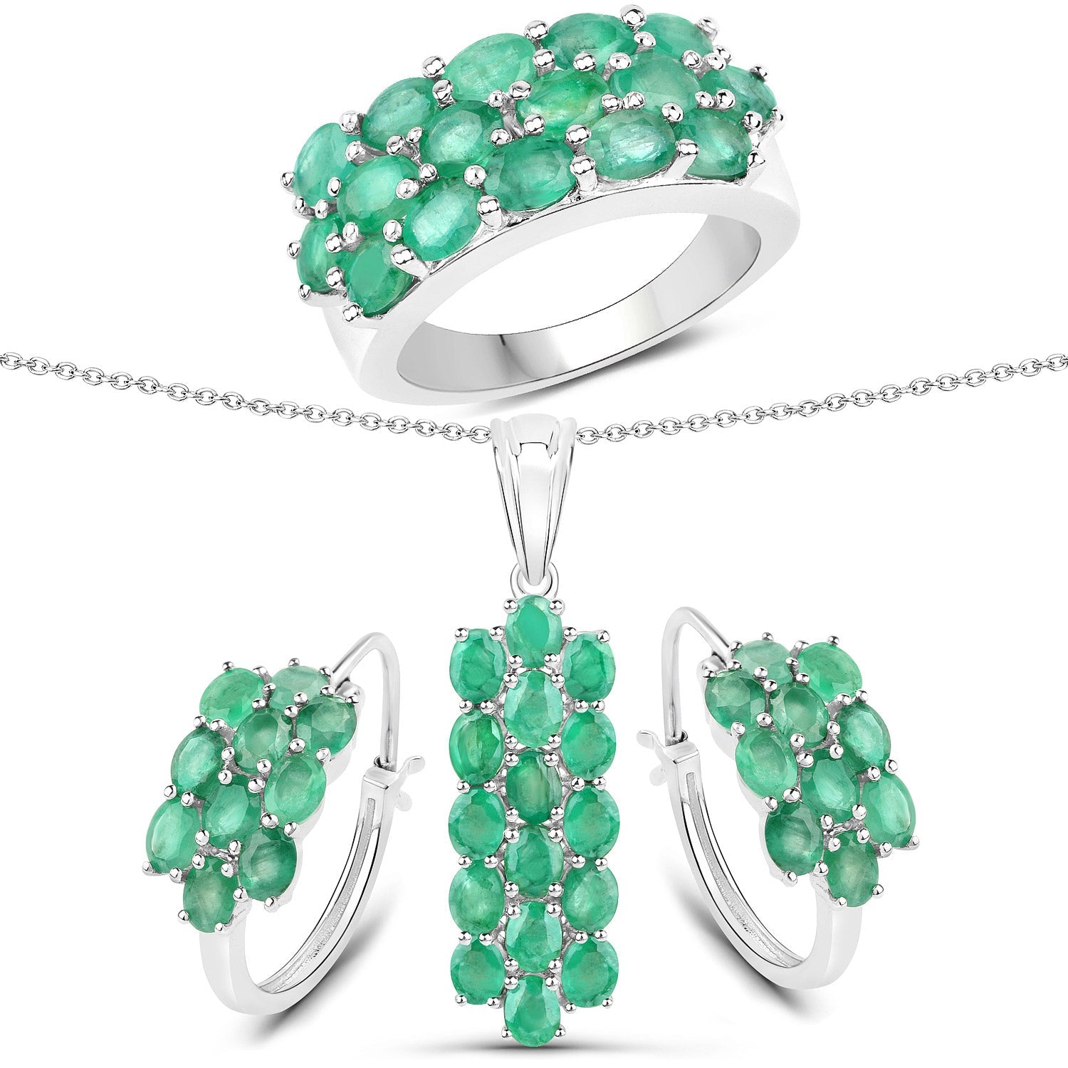 7.80 Carat Genuine Zambian Emerald .925 Sterling Silver 3 Piece Jewelry Set (Ring, Earrings, and Pendant w/ Chain)