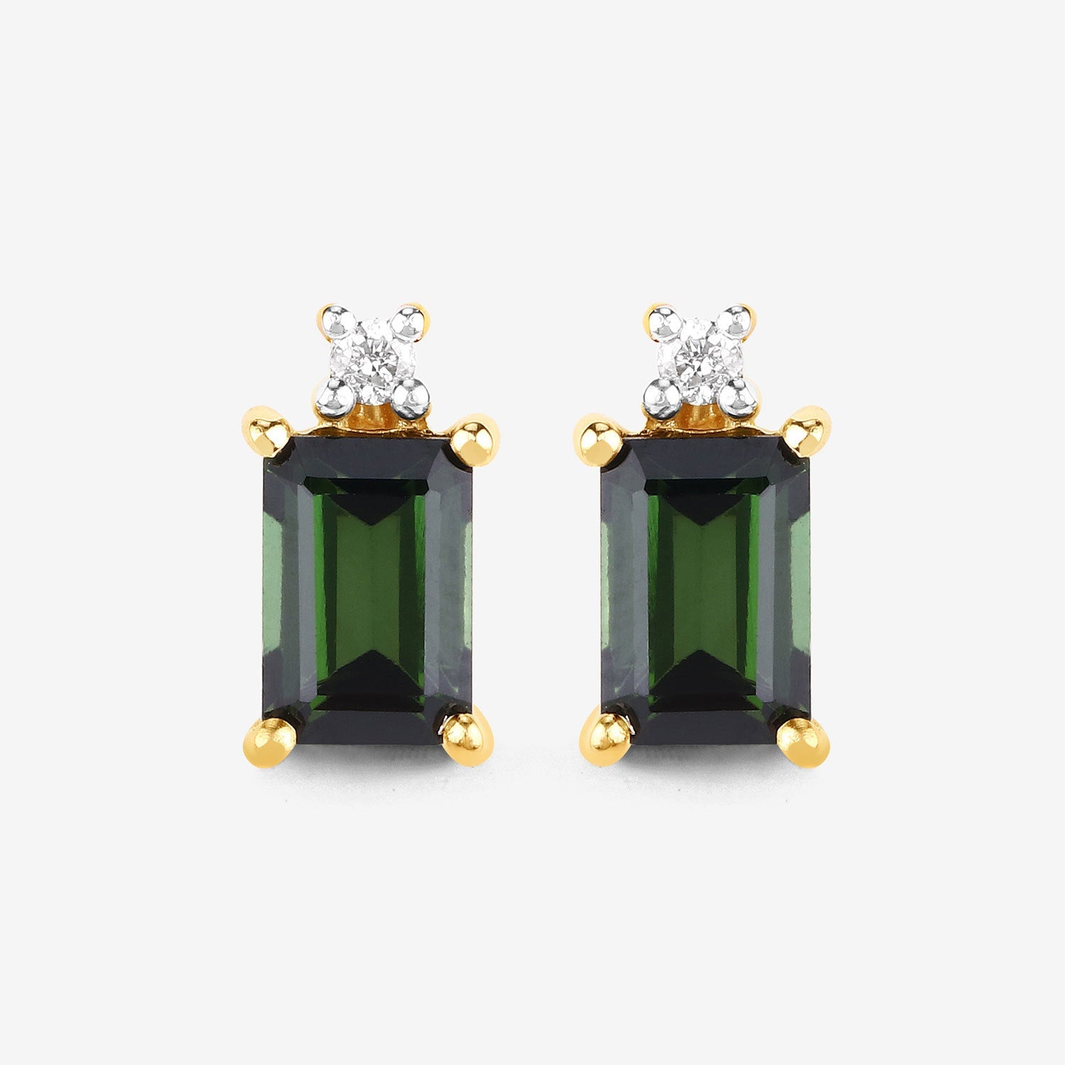 1.24 Carat Genuine Green Tourmaline and White Diamond 14K Yellow Gold Earrings