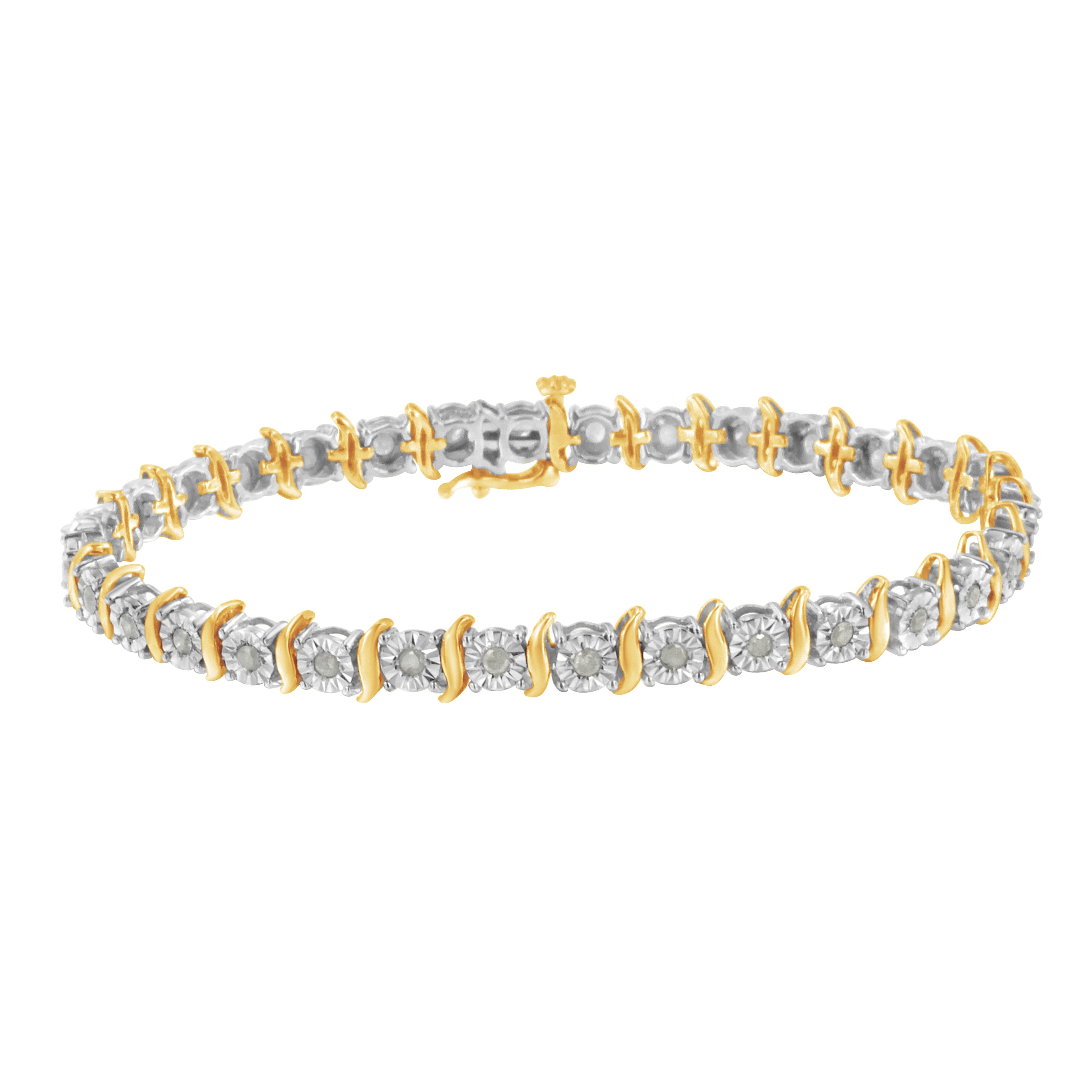 Two-Tone 10K Yellow Gold over .925 Sterling Silver 1.0 Cttw Diamond S-Curve Link Miracle-Set Tennis Bracelet (I-J Color, I3 Clarity) - 7"