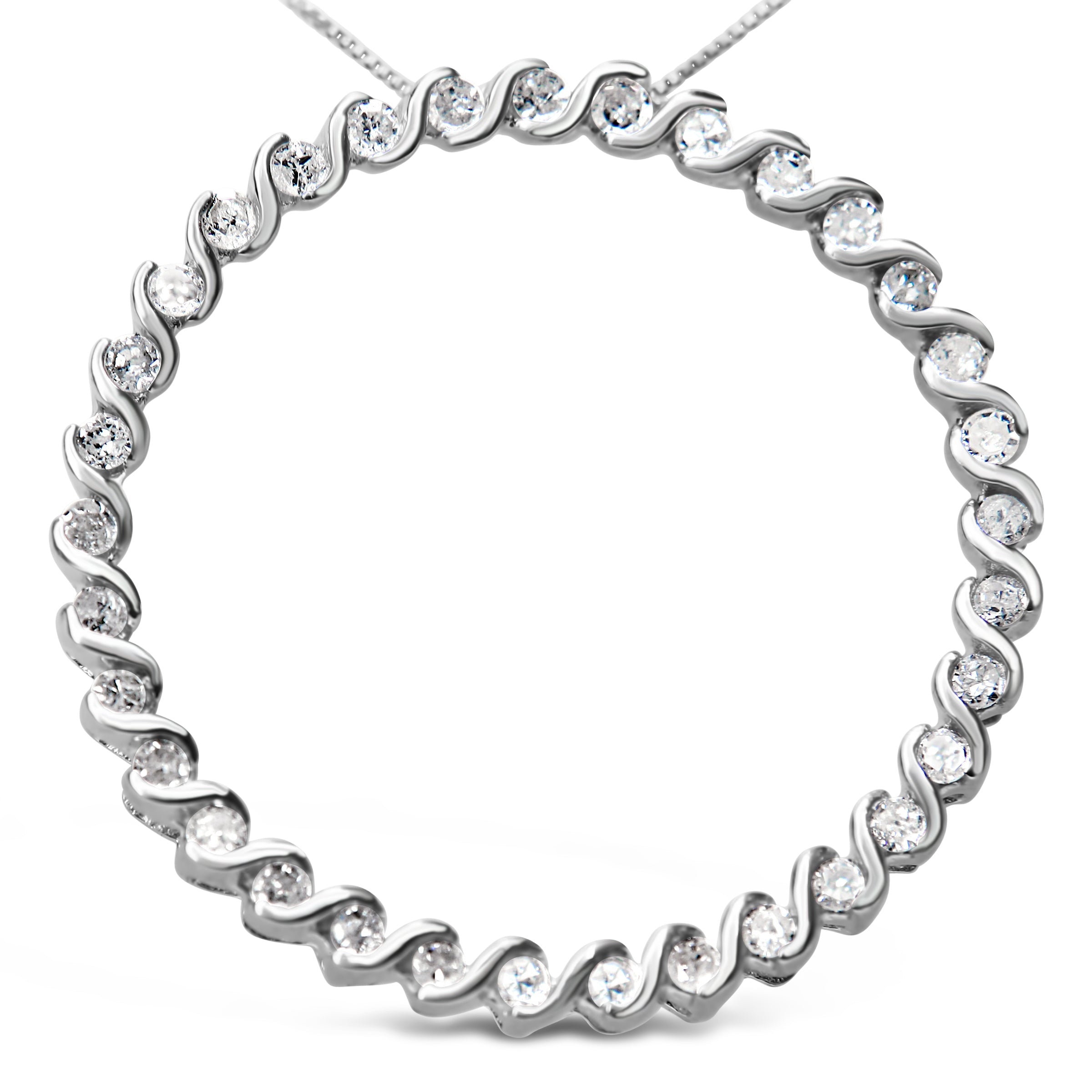 .925 Sterling Silver 3/4 Cttw Round Diamond Spiral Curved Circle Pendant 18" Necklace (I-J Color, I3 Clarity)